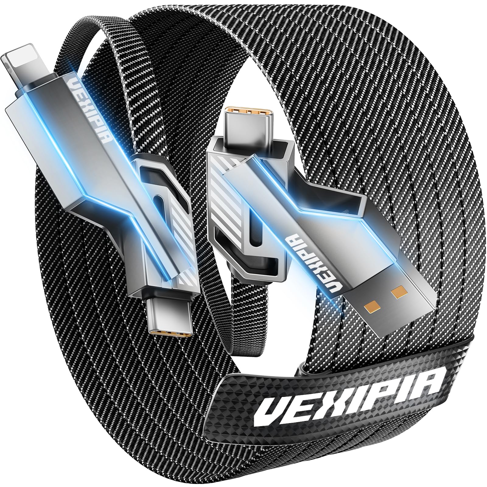 Vexipia 4-in-1 Long USB C Cable 50W 10FT Fast Charging Flat Nylon Braided for iPhone iPad Charger Cord [480Mbps Data Sync] Multi Charge Wire with L/Type C/USB A Port