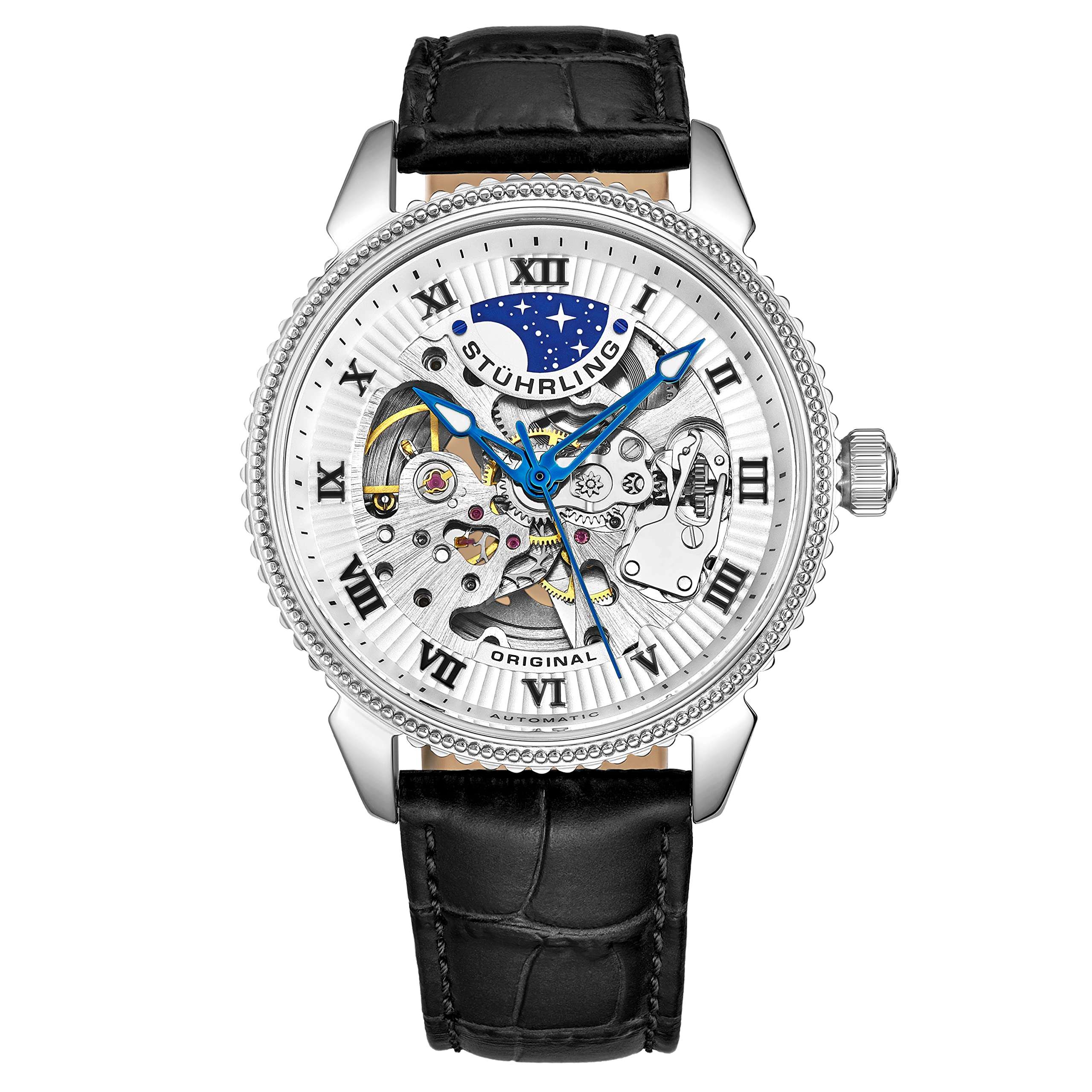 Stuhrling Original Mens Watch - Skeleton Watches for Men Automatic Self Winding Movement Dress Watch with Premium Black Leather Band Mechanical Watch for Men