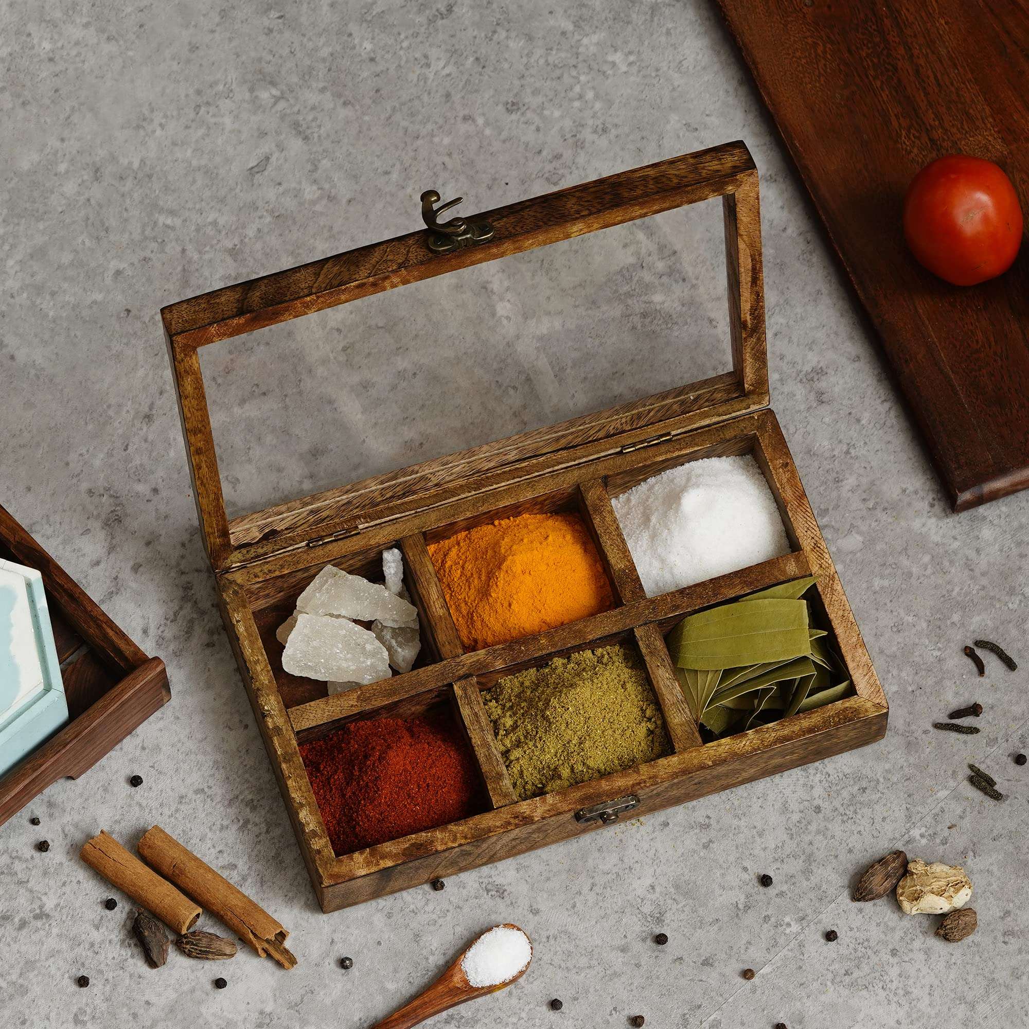 eCraftIndia 6 Rectangle Compartments Handcrafted Wooden Spice Box 1