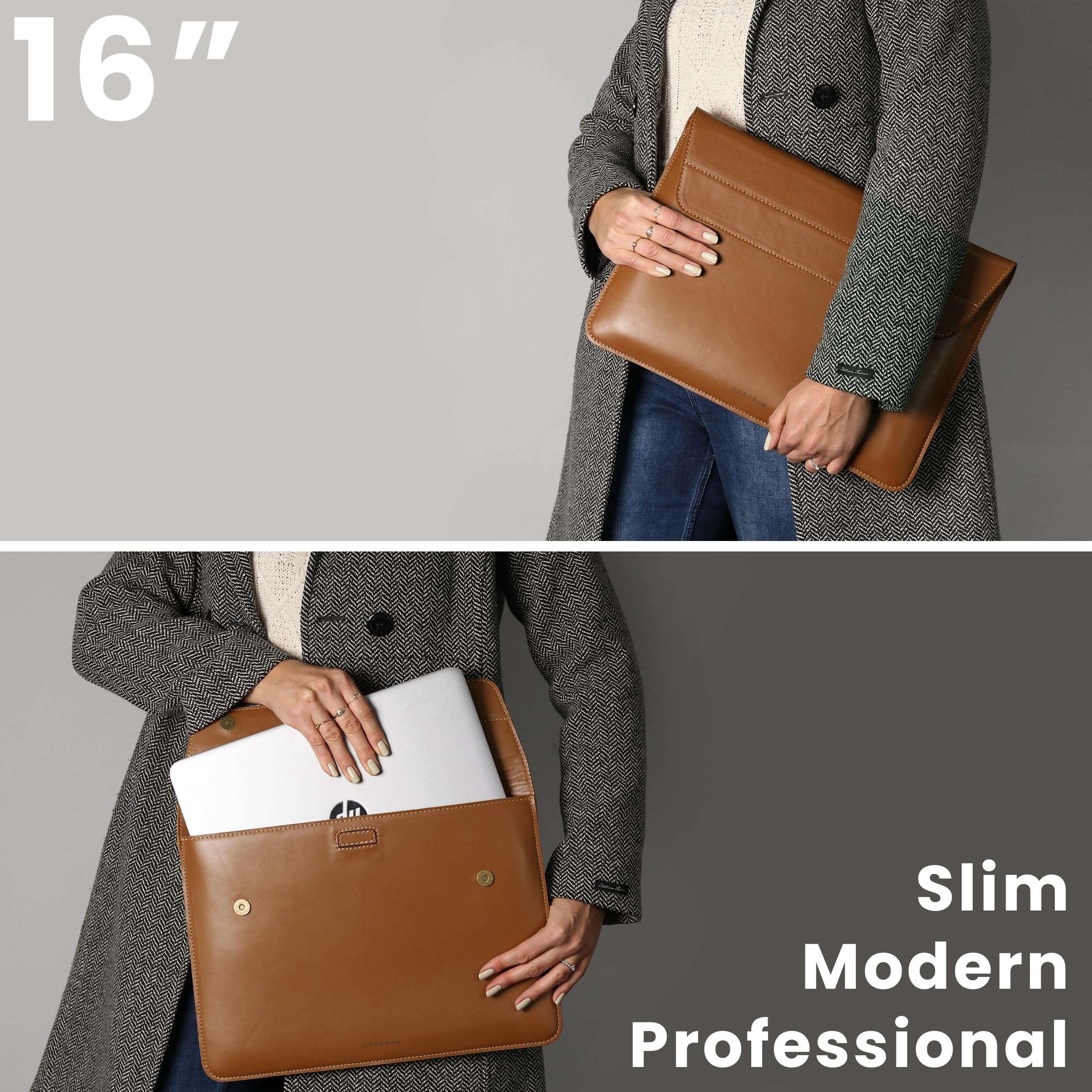 DAREhue 13" 14" 15" 16" Genuine Full Grain Leather Laptop Sleeve with Built-in Stand & Padding (Fits MacBook Air/Pro & Other 13.3/13.6/14.2/15.6 inch Laptops) (Toffe Brown, 13” - 14”) 5