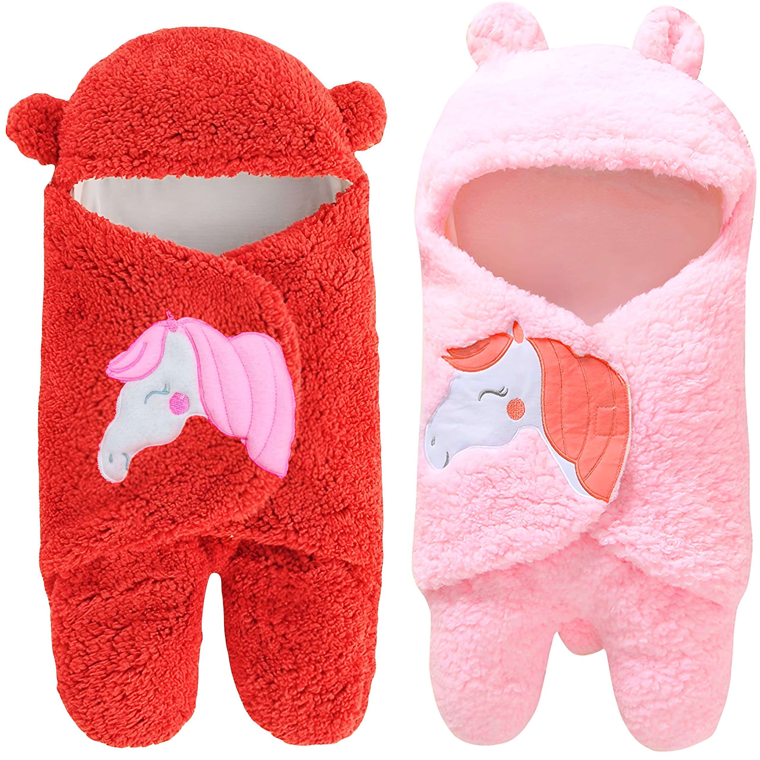 First Kick Baby Blankets New Born Combo Gift Pack of Wearable Flannel 0-6 Months Hooded Swaddle Wrapper Blanket, Red & Pink 1