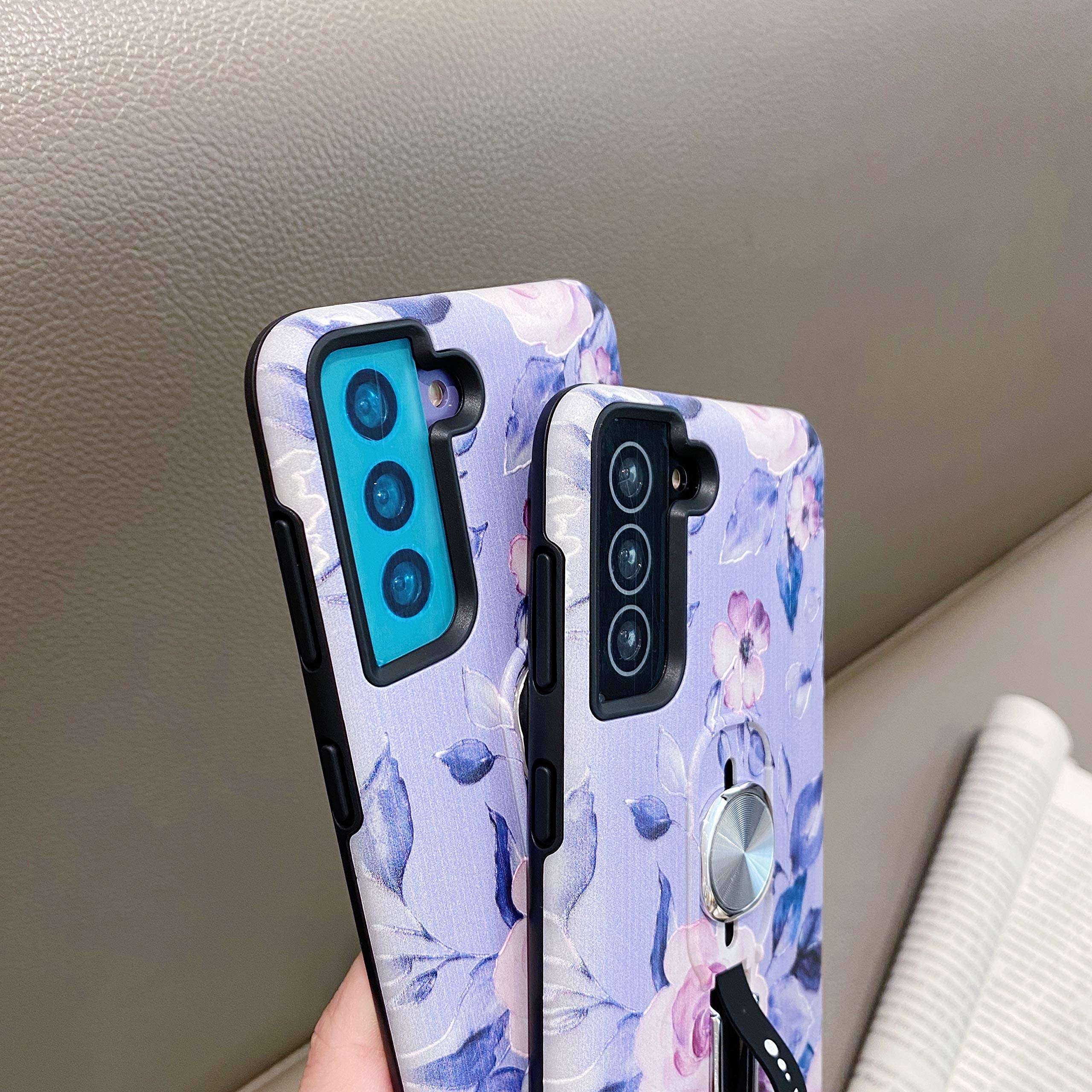 Hosgor Samsung Galaxy S21 5G Case for Girls, Floral Print Kickstand Finger Grip Design Rugged Shockproof Slim Soft TPU + PC Dual Layer Ring Strap Cover for Galaxy S21-6.2 inch(Blue) 5