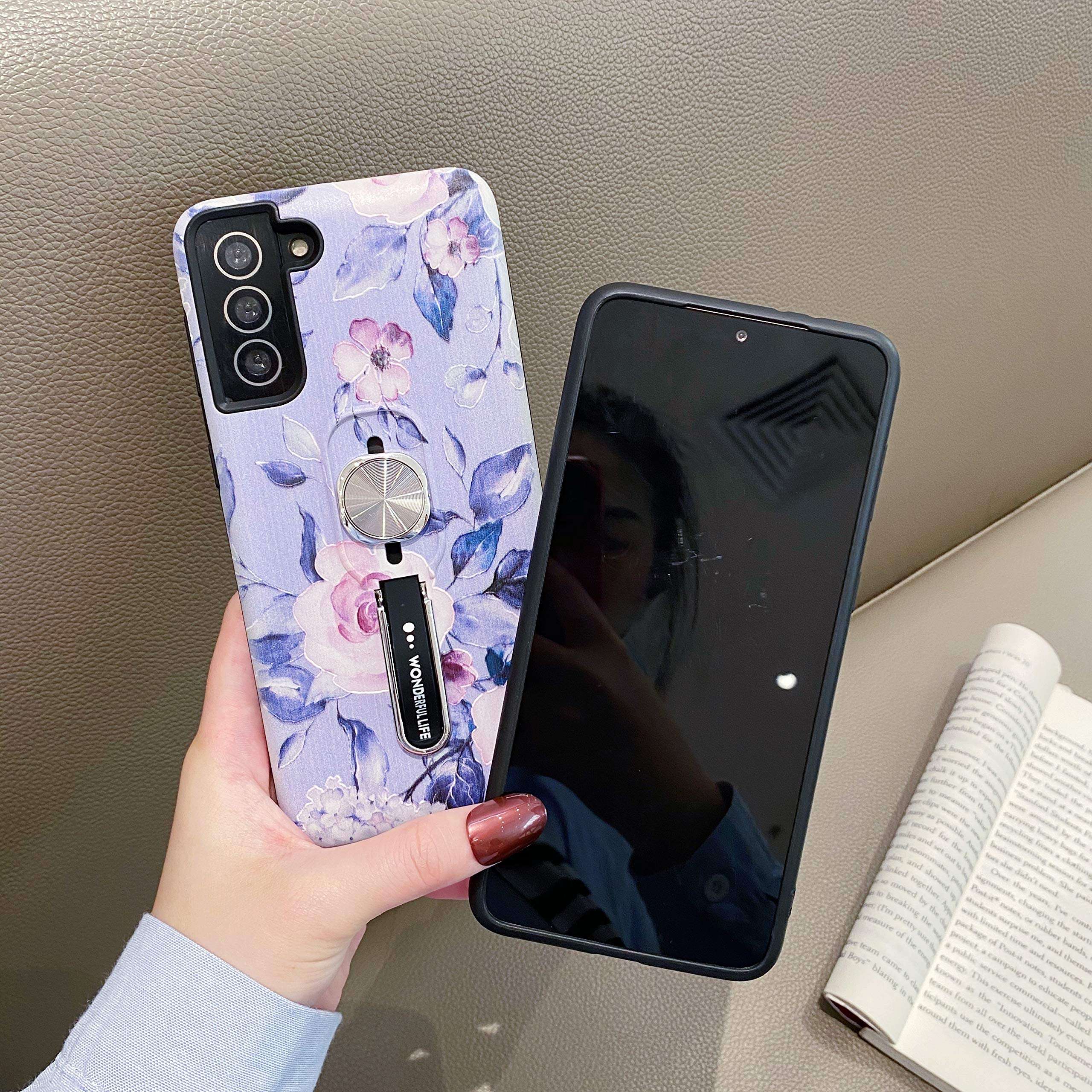 Hosgor Samsung Galaxy S21 5G Case for Girls, Floral Print Kickstand Finger Grip Design Rugged Shockproof Slim Soft TPU + PC Dual Layer Ring Strap Cover for Galaxy S21-6.2 inch(Blue) 4