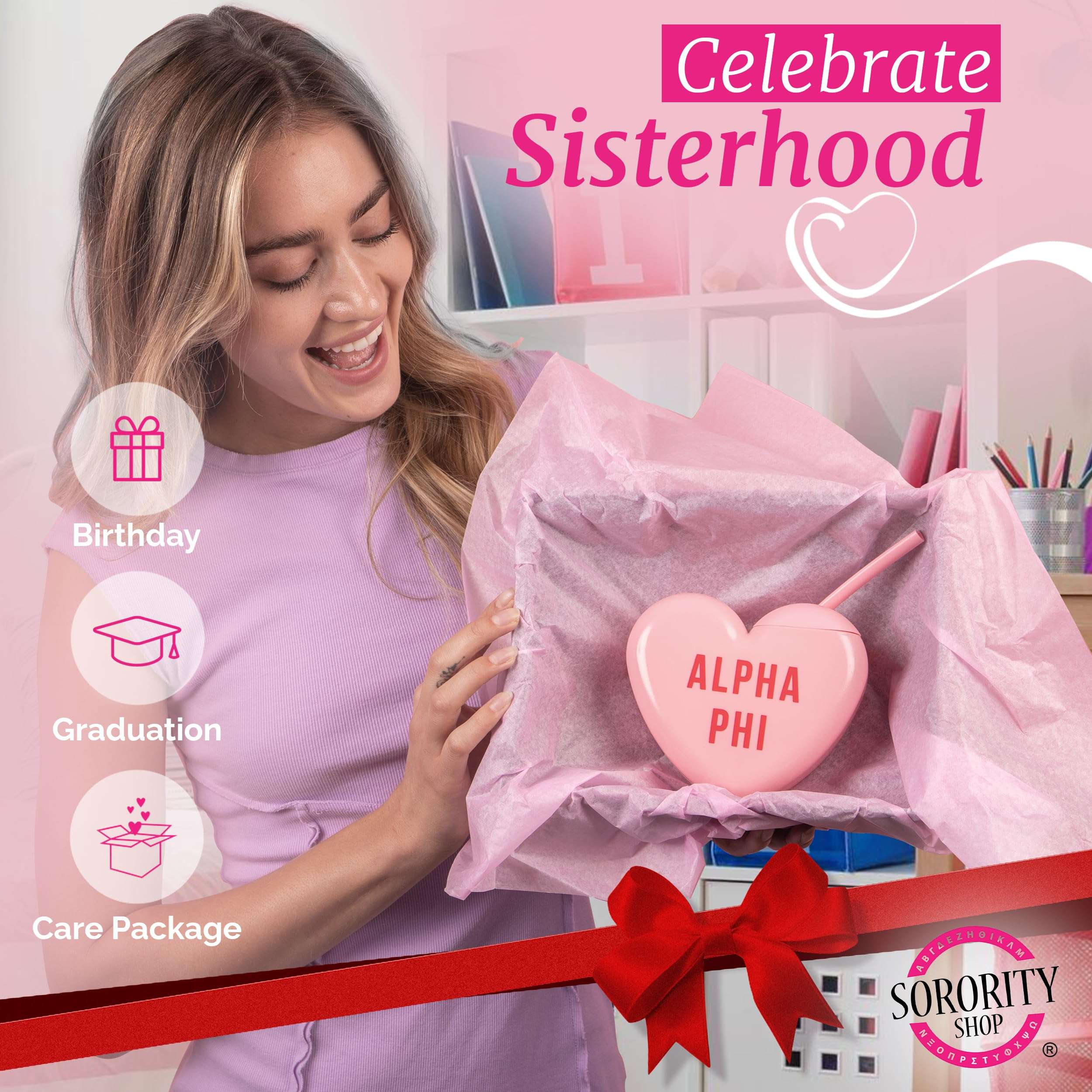 Sorority Shop Phi Mu Tumbler with Straw - Candy Heart Shaped 16 Oz Tumbler with Lid and Silicone Straw, Reusable Plastic Cup with Screen Printed Sorority Name for any Cold Drink 5