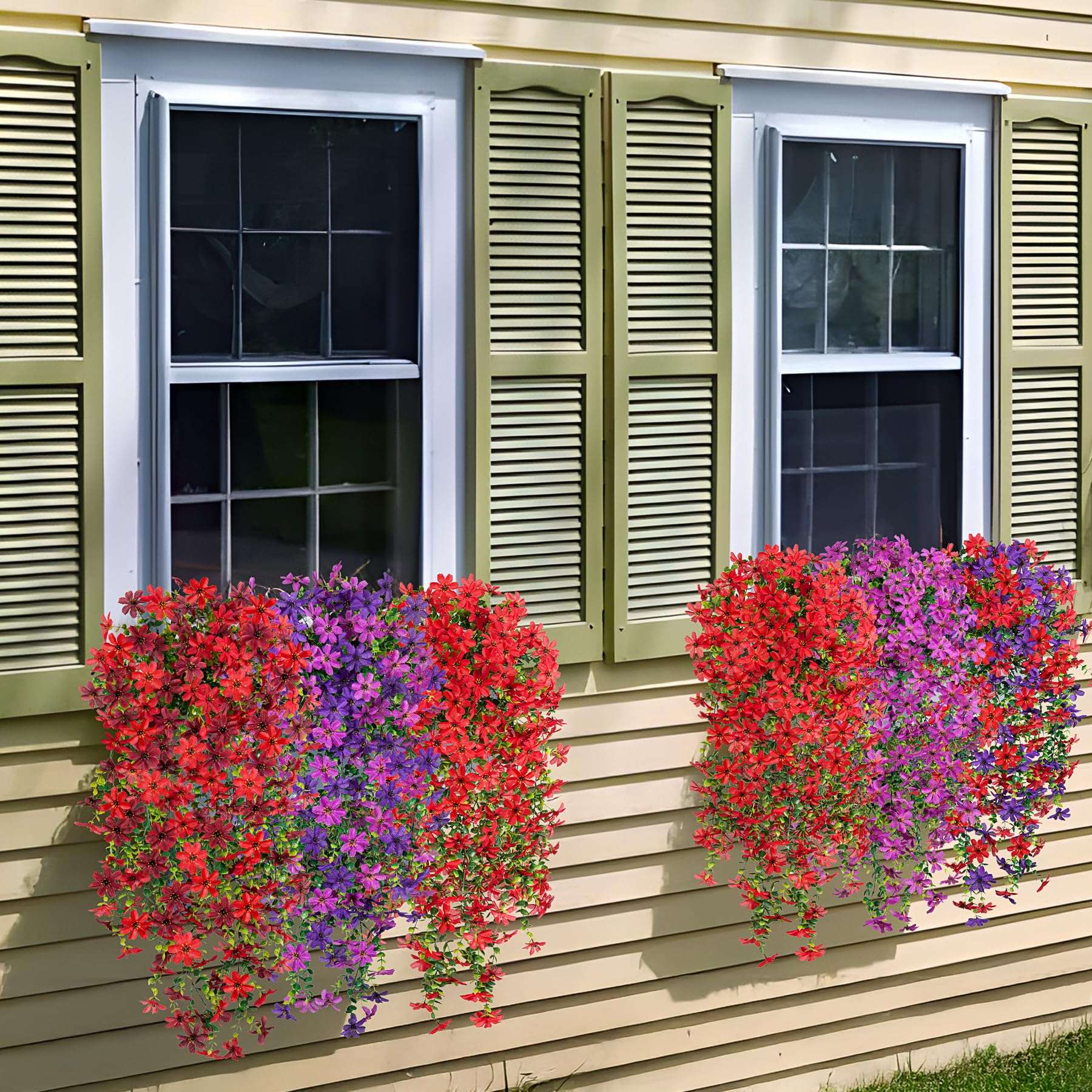 Artificial Hanging Flowers Outdoor Spring Decoration, Fake Hanging Vine Plants UV Resistant, Faux Daisy Flower Eucalyptus for Outside Home Indoor Porch, Red Brown 5