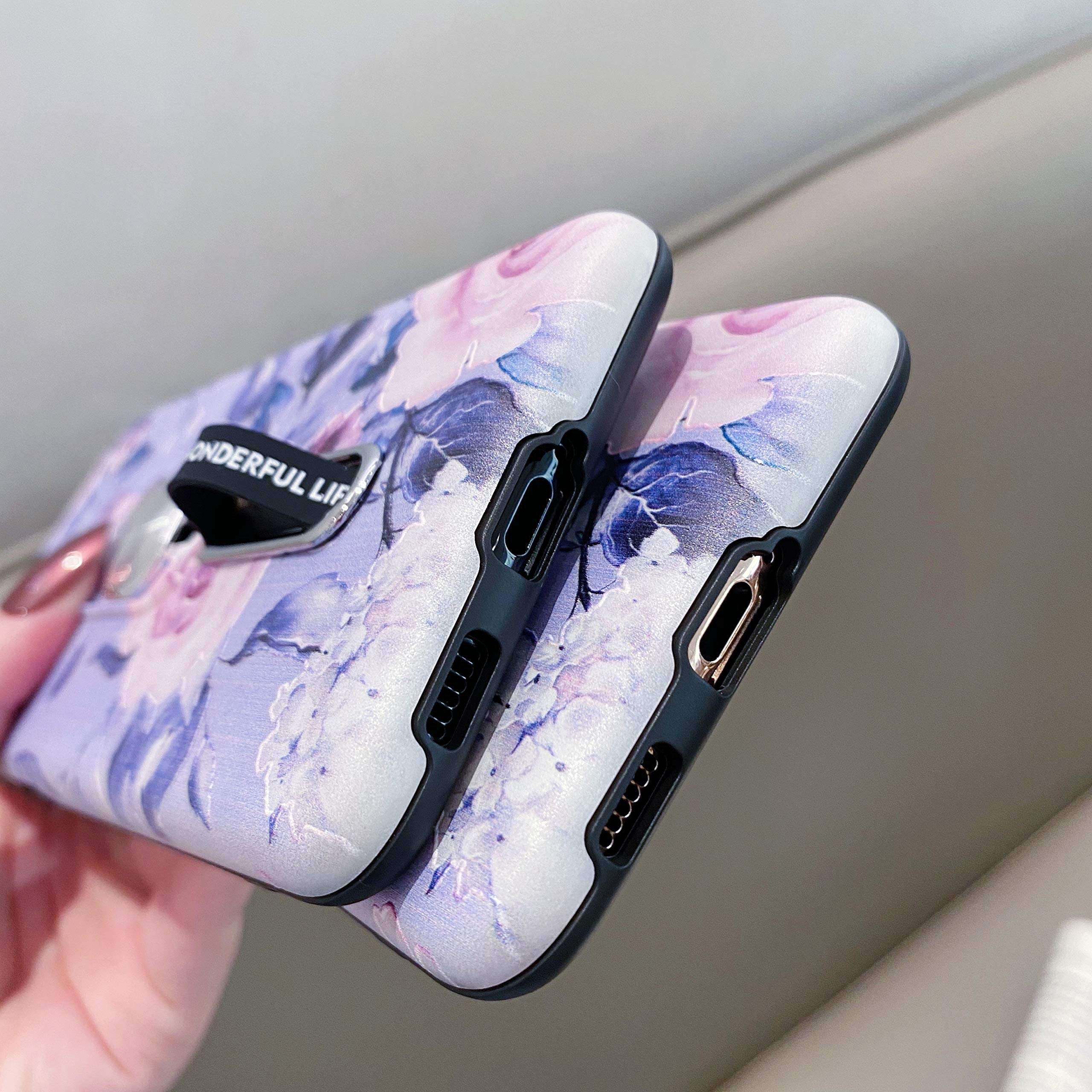 Hosgor Samsung Galaxy S21 5G Case for Girls, Floral Print Kickstand Finger Grip Design Rugged Shockproof Slim Soft TPU + PC Dual Layer Ring Strap Cover for Galaxy S21-6.2 inch(Blue) 6