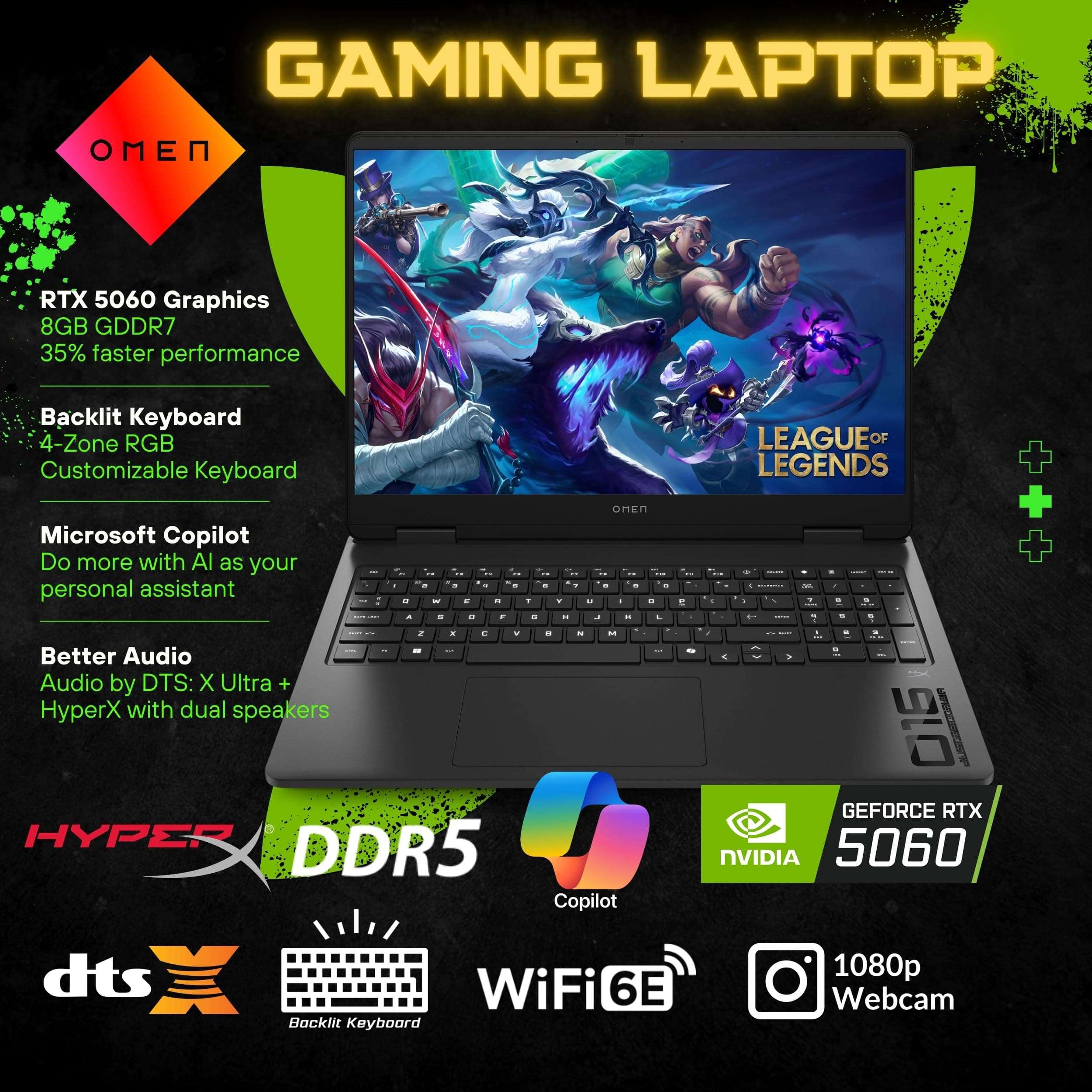 HP OMEN 16 Gaming Laptop, 144Hz 1920 x 1200 Display, Ryzen 9 8940HX(>i9-13900H, 5.3 GHz), GeForce RTX 5060, RGB Backlit Keyboard, 1080p Webcam, WiFi 6, Windows 11 Pro, Black(32GB DDR5 RAM | 2TB SSD) 6