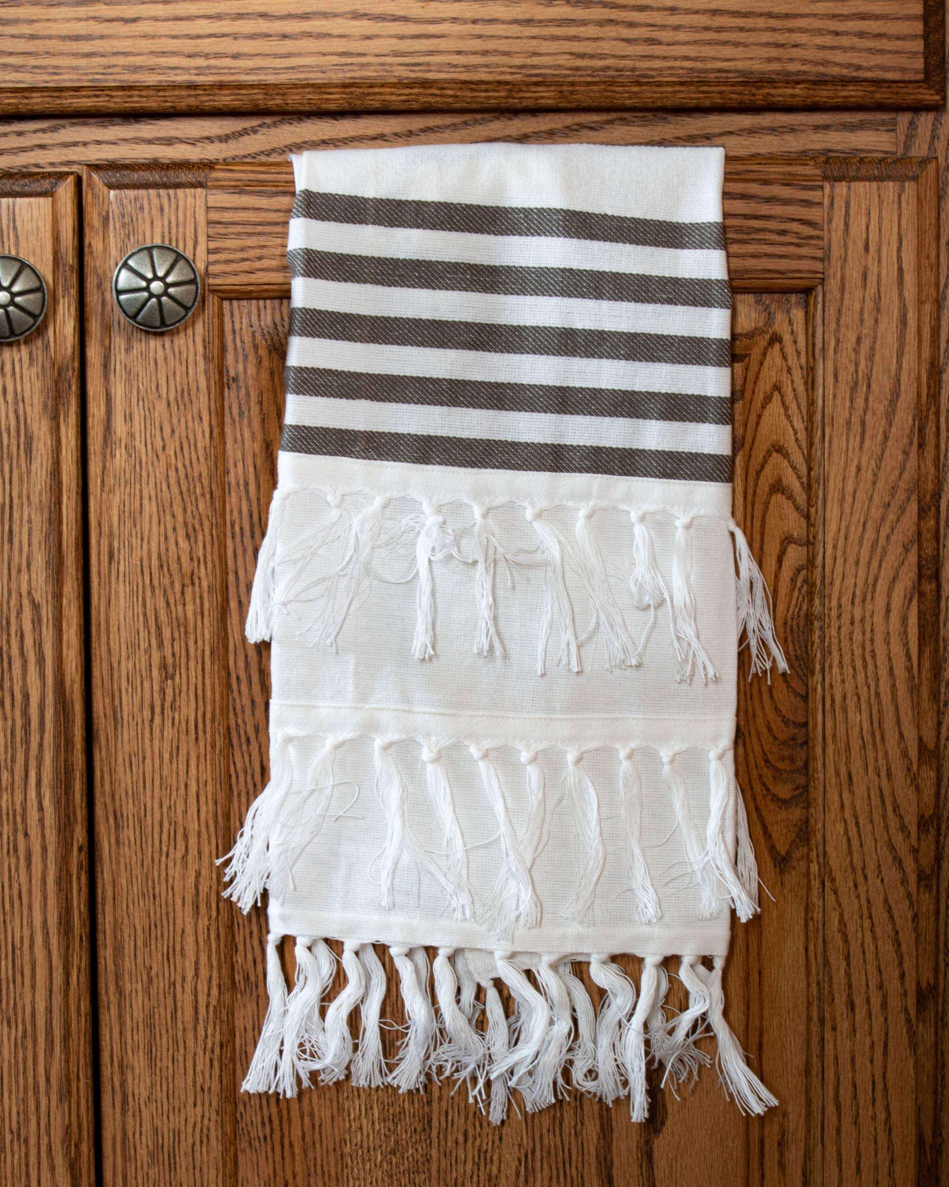 Foreside Home & Garden Gray Tea Towel Striped 27 x 18 Inch Woven Kitchen Hand Sewn Fringe 4