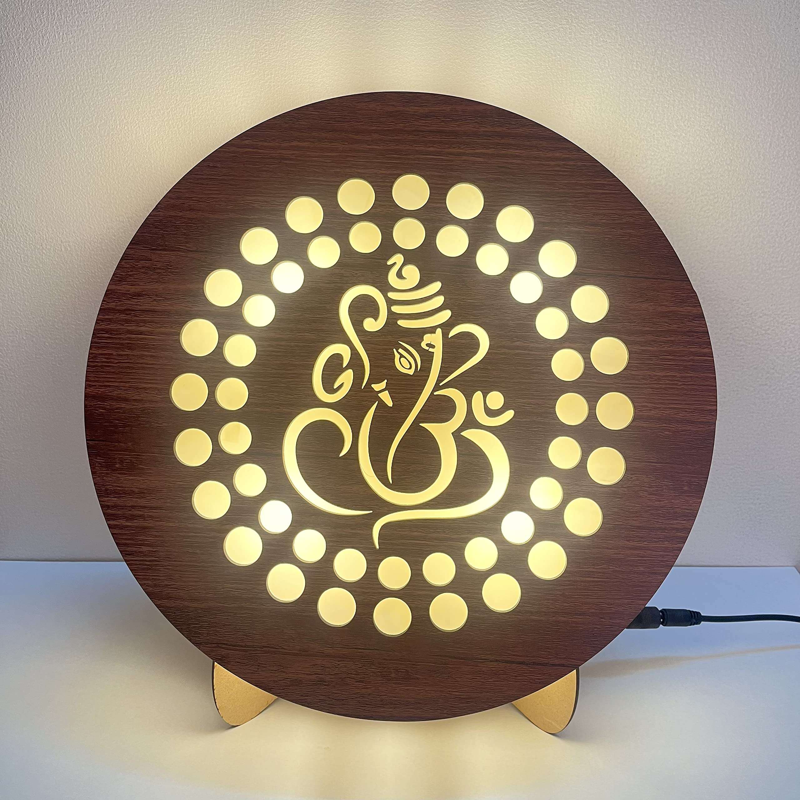 BAPUBEBE Lord Ganesh Sticker 3D Wall Art Photo Design Ganpati Wall Hanging LED Light Table Lamp Idol for Decoration, Gift, Home, Decor, Main Door Entrance, Hall, Mandir, Bedroom Wooden Size 12*12 Inch Piece of1 (GANESH DESIGN 1) 1