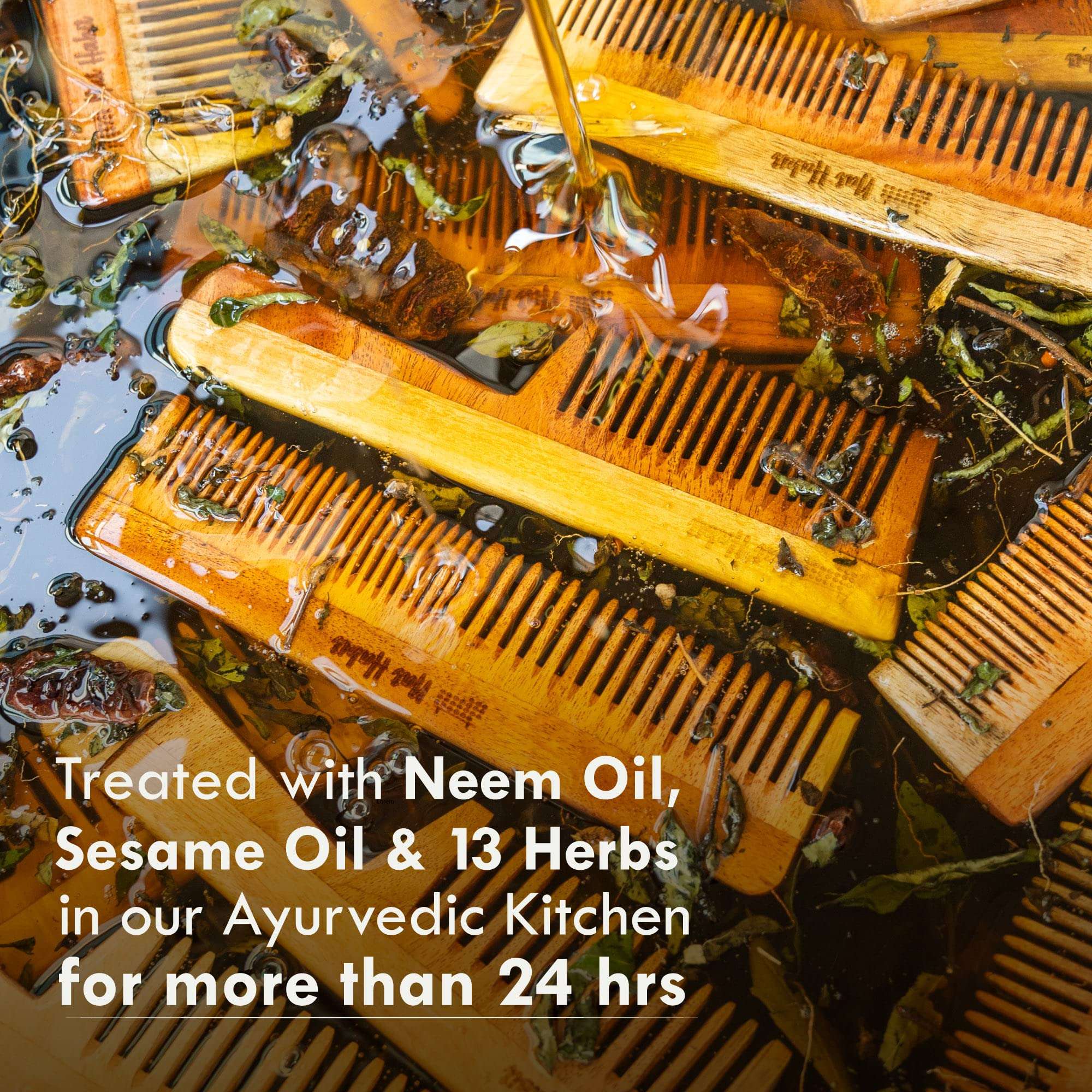 Nat Habit Kacchi Neem Wooden Comb, Soaked In 13 Herbs, Neem & Sesame Oil For Men & Women Daily Styling & Detangling (Fine Tooth Small Size) Pack of 1 3