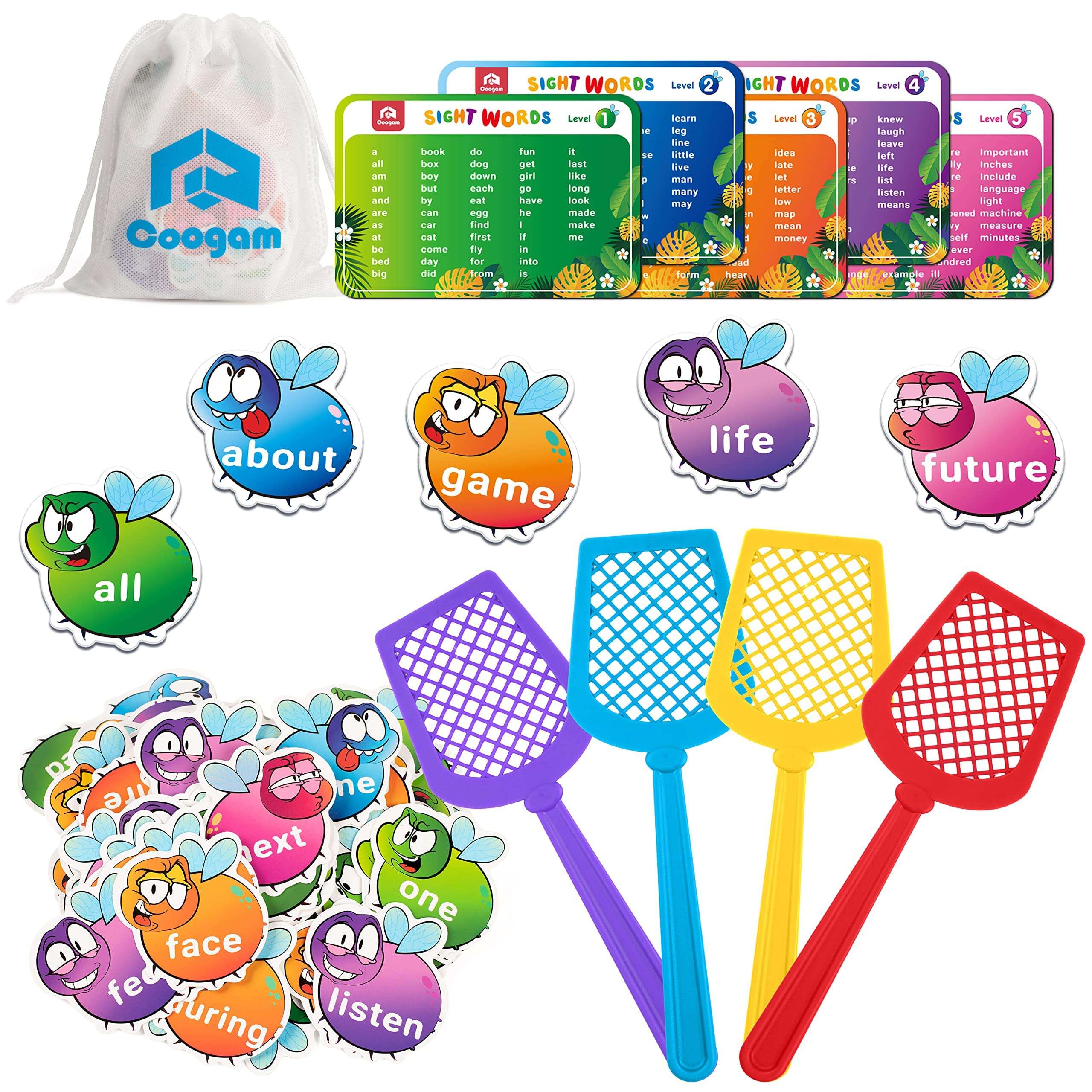 Coogam Sight Words Game with 400 Fry Sight Words and 4 Fly Swatters Set, Dolch Word List Phonics, Literacy Learning Reading Flash Cards Toy Games for Kindergarten,Home School Kids 3 4 5 Year Old 1