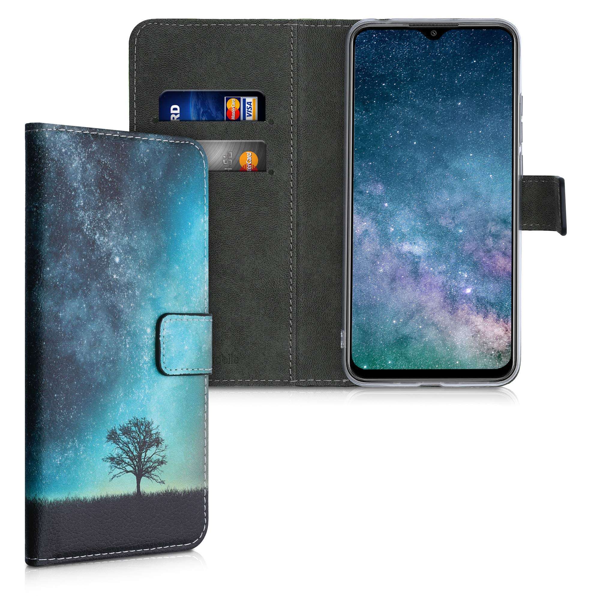 kwmobile Wallet Case Compatible with Xiaomi Redmi 9A - Case Faux Leather Cover - Cosmic Nature Blue/Grey/Black 1