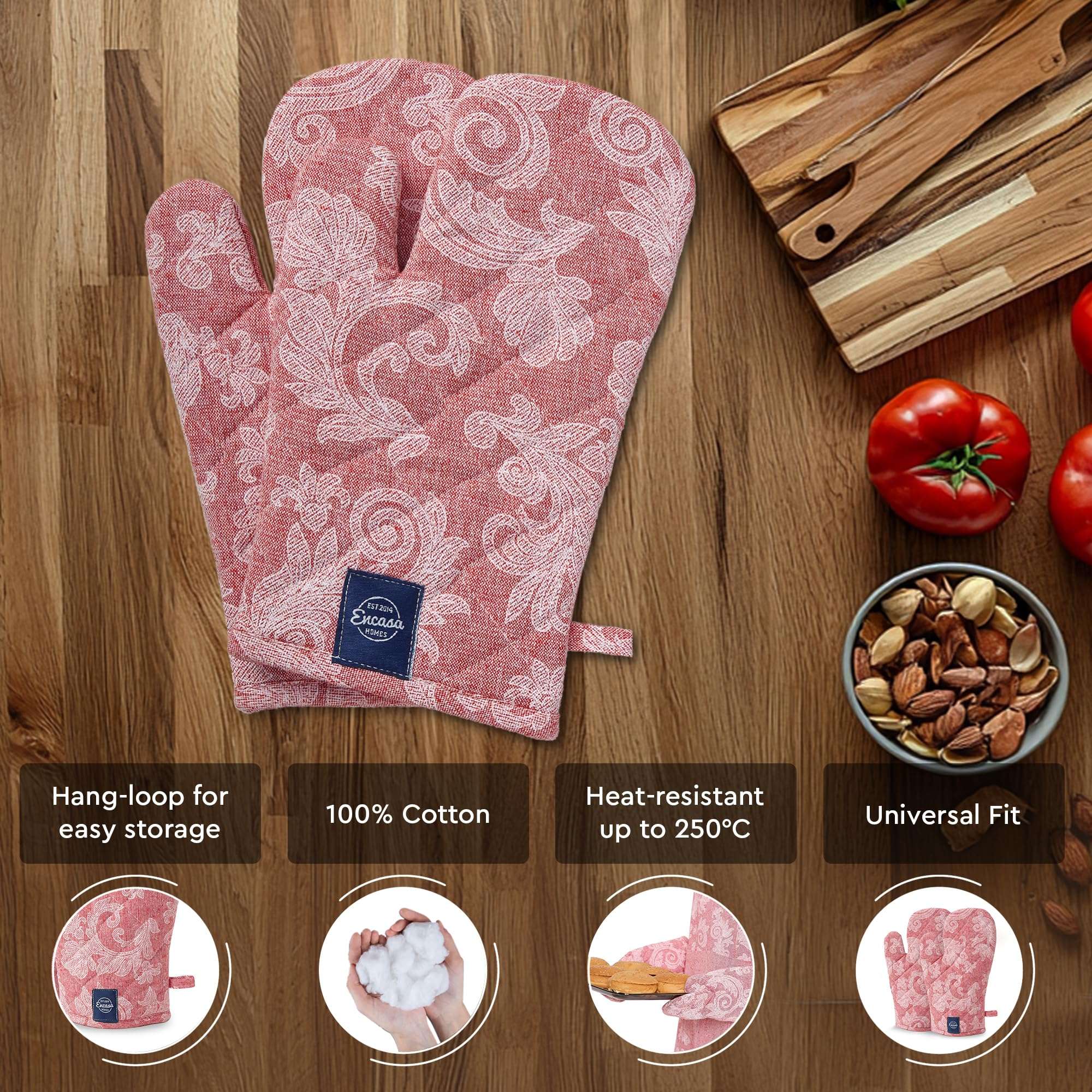 Encasa XO Oven Gloves Heat Proof | Microwave Cooking Mittens for Baking & Kitchen Use | 18x30 cm | Cotton Utensil Holder - Chambray Fabric (Pack of 2 - Red) 4