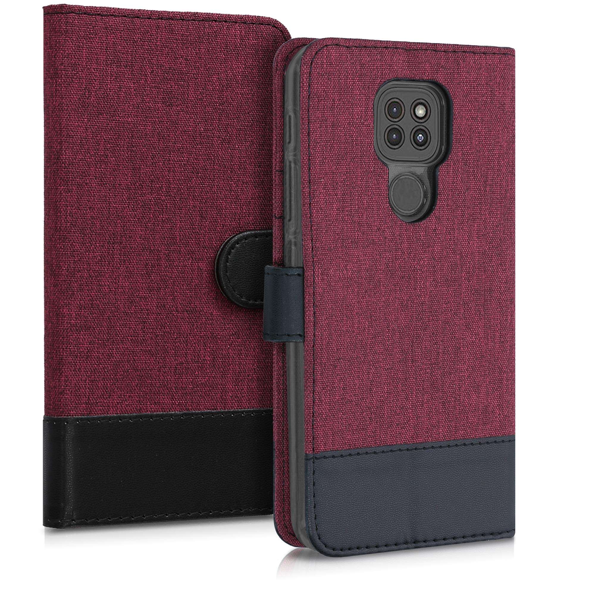 kwmobile Wallet Case Compatible with Motorola Moto G9 Play/Moto E7 Plus - Case Fabric and Faux Leather Phone Flip Cover - Dark Red/Black 3