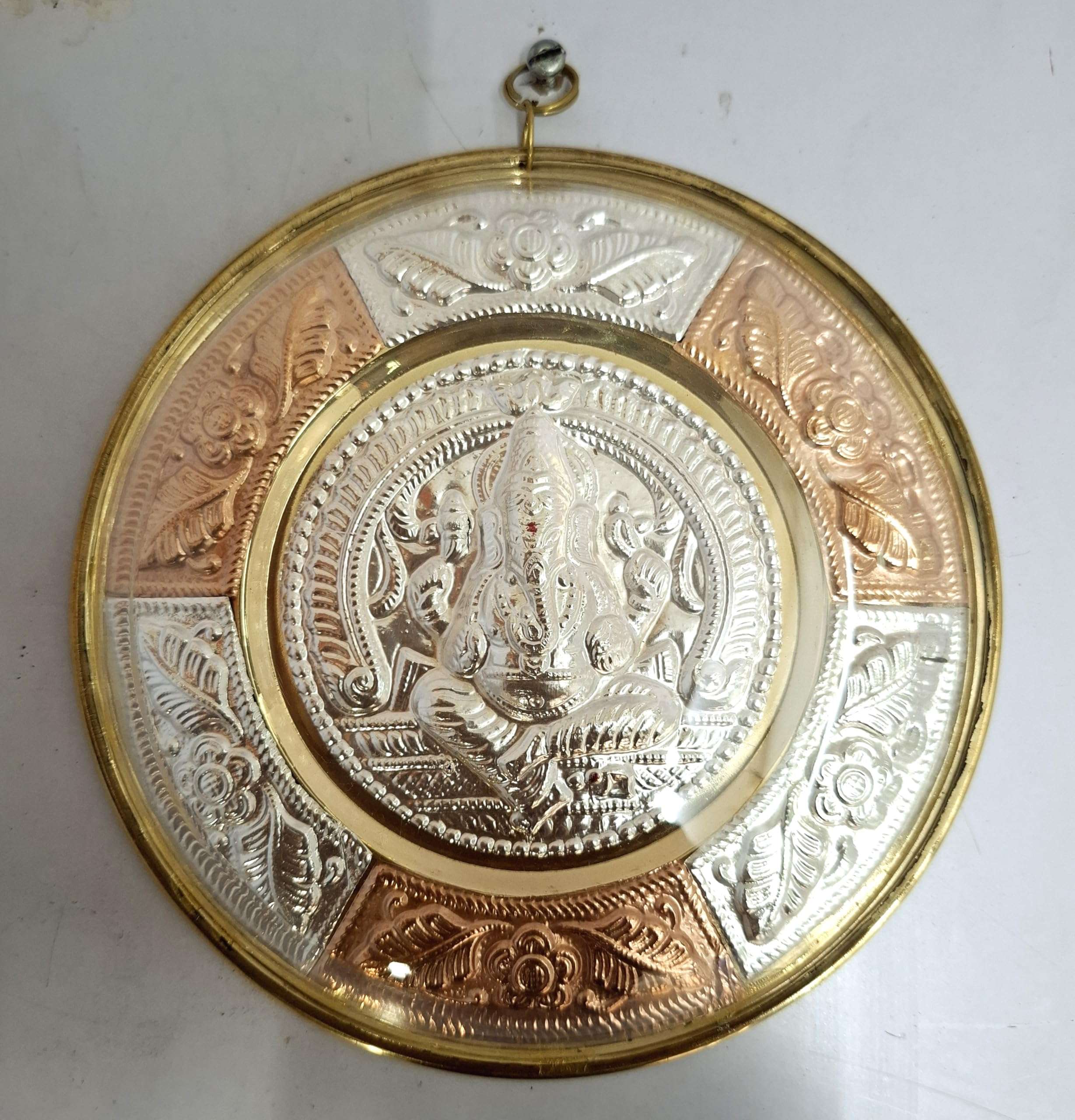 JLine Arts Ganesha 6 inches Thanjavur Art Plate, Pure Silver, Metal Art with Wall Hanging and Unbreakable Fibre Glass on The Front 1