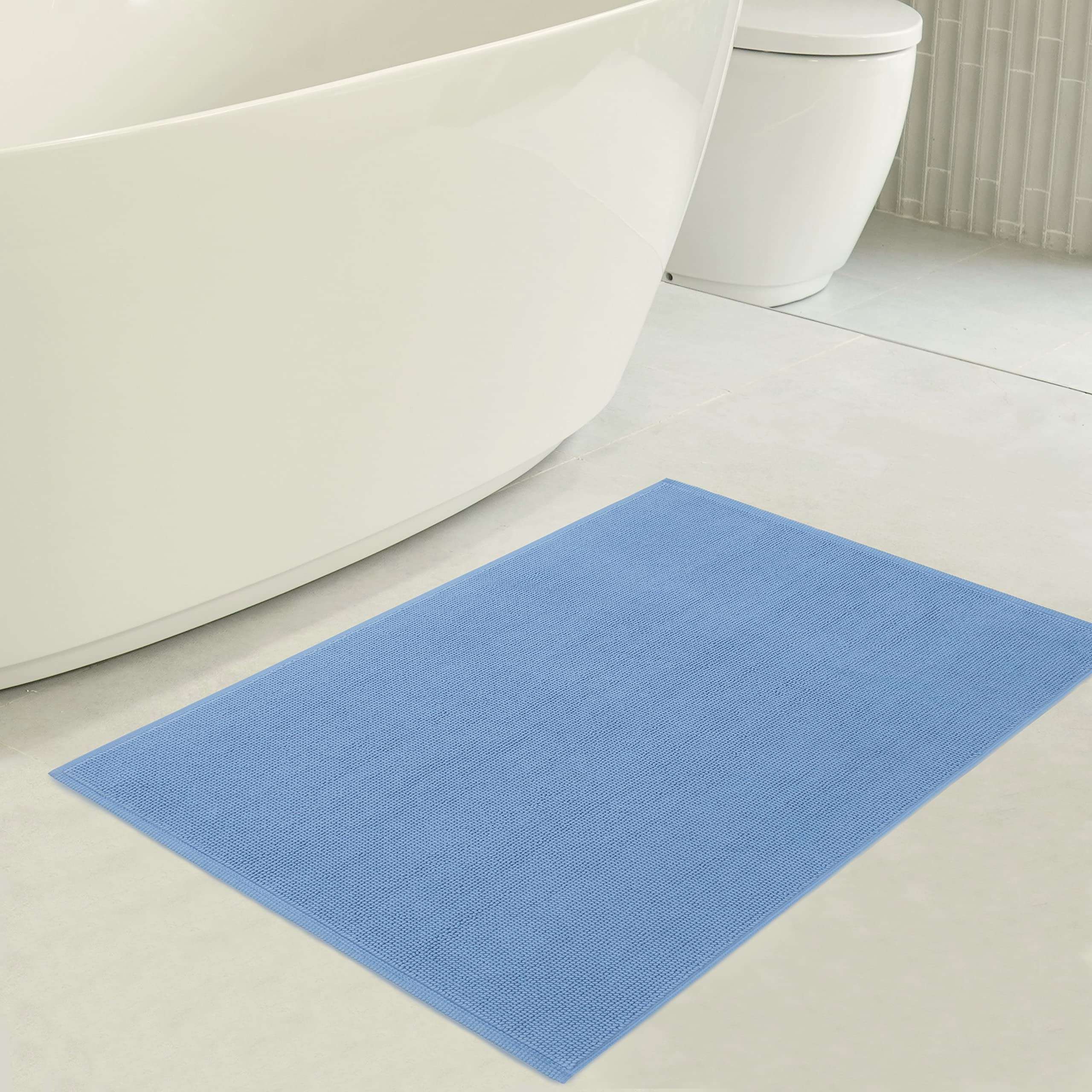 American Soft Linen Bath Rug, 17 in 24 in 100% Cotton Bath Mats Rugs for Bathroom, Non Slip Washable Shaggy Form Area Rugs, Sky Blue Bath Rug 4