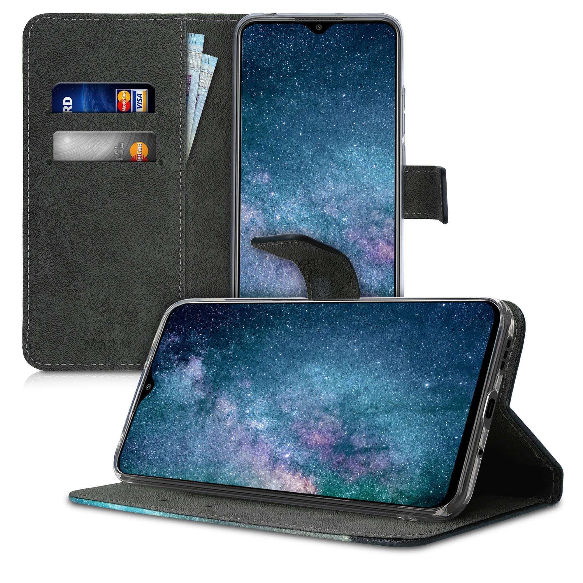 kwmobile Wallet Case Compatible with Xiaomi Redmi 9A - Case Faux Leather Cover - Cosmic Nature Blue/Grey/Black 4