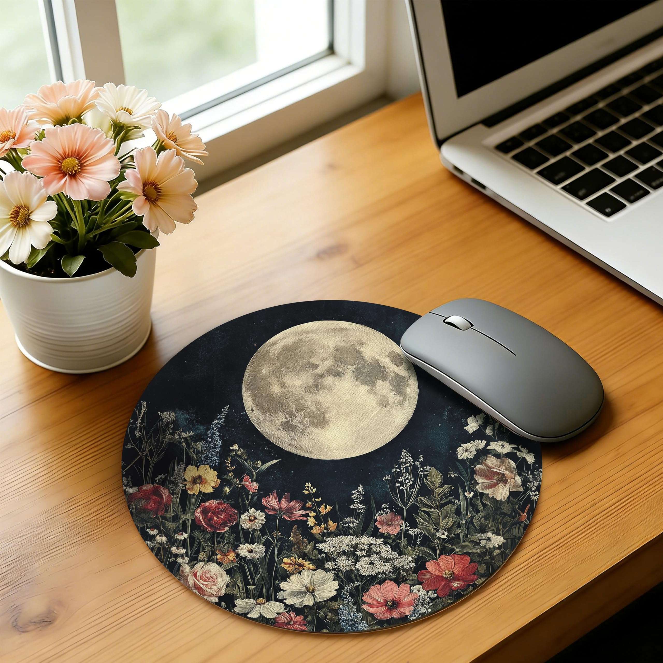 WOOGCHEIR Vintage William Morris Moon Floral Round Mousepad,Aesthetic Mouse Pad, Boho Floral Office Decor for Women Desk Accessories Retro Flowers Mousepad,Aesthetic Office Supplies,7.9x7.9 Inch 3