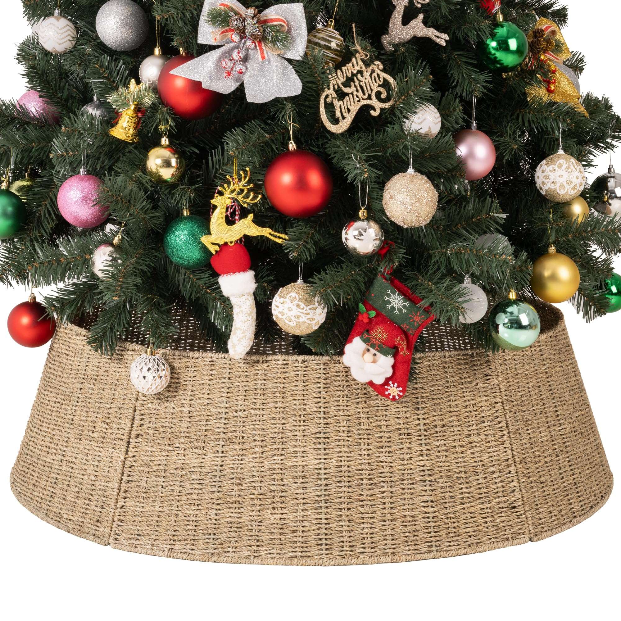 StorageWorks 42 Inch Wicker Christmas Tree Collar, Christmas Tree Collar for Pencil Tree, Seagrass Christmas Tree Base Collar with Cut-Out of Cord for Christmas Party Décor