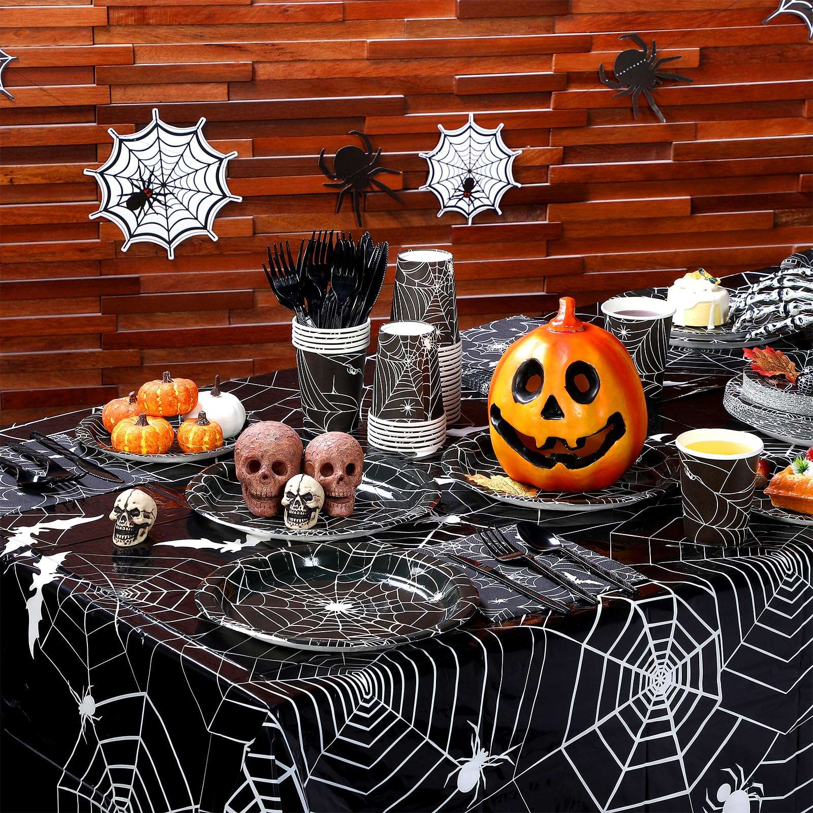 Mimorou 214 Pieces Halloween Party Tableware Set Spider Web Plates Cups Table covers Banner Party Decorations for Birthdays Happy Halloween Eve Decor Themed Cocktail Party Home Decoration 3