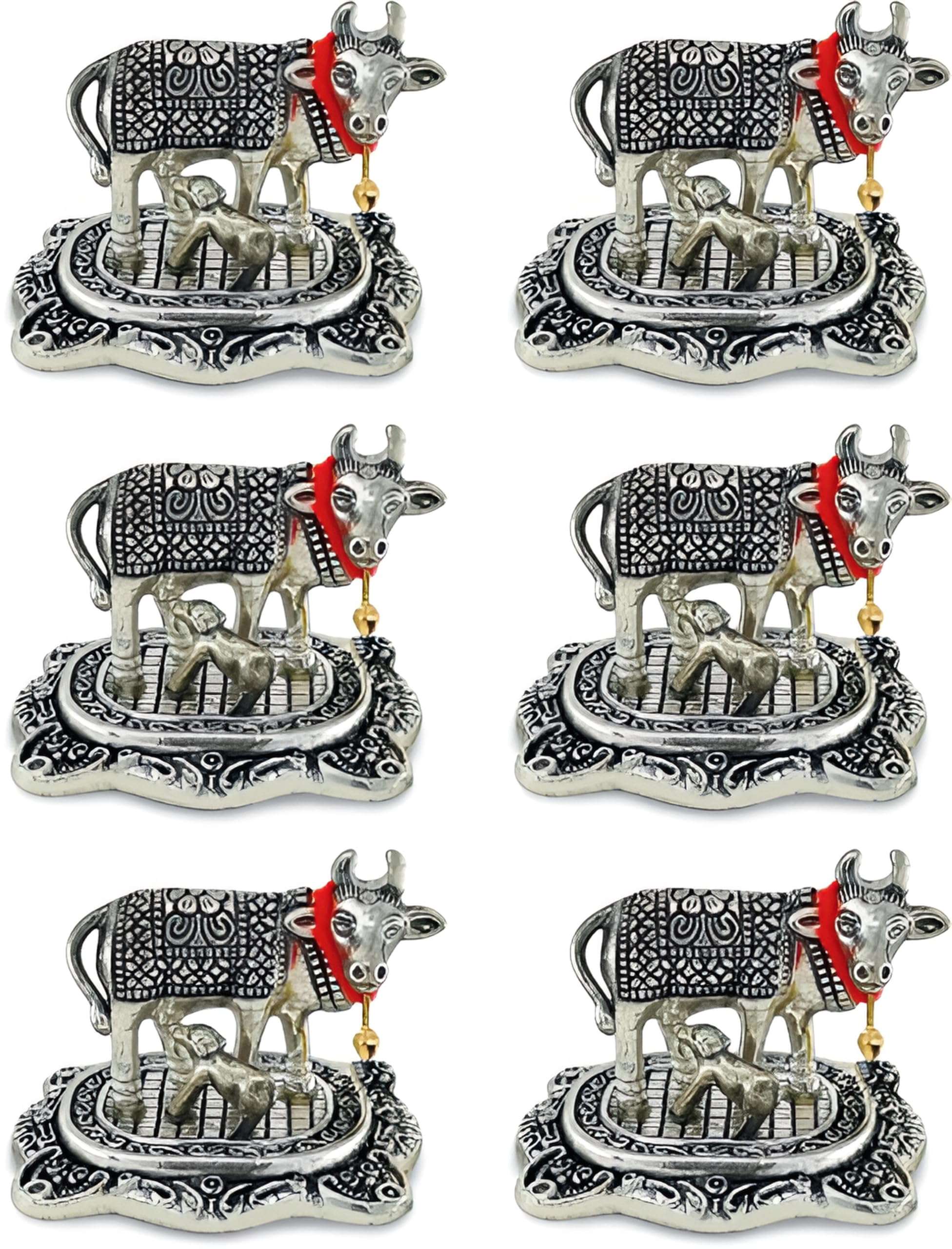 LABHCART Decorative Silver Metal Cow Statue with Bell, 7.6 x 6.4 cm, Traditional Design,Pack of 6 1