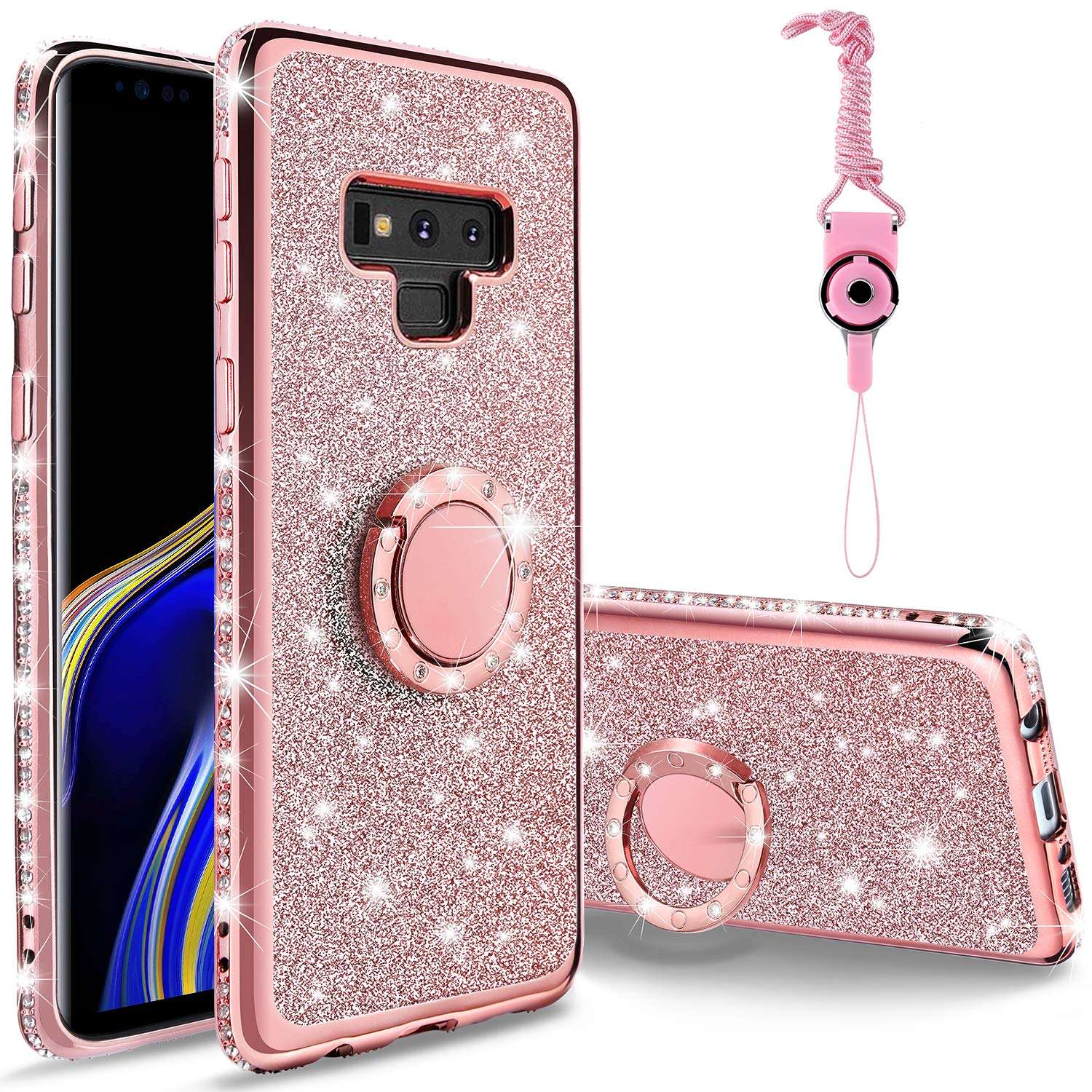 ZUDRITT Samsung Galaxy Note 9 Case, Ultra-Slim Glitter Diamond Bling Shockproof Silicone Soft TPU Cover, with Ring Stand Holder for Samsung Galaxy Note 9 Women Case (Rose Gold) 1