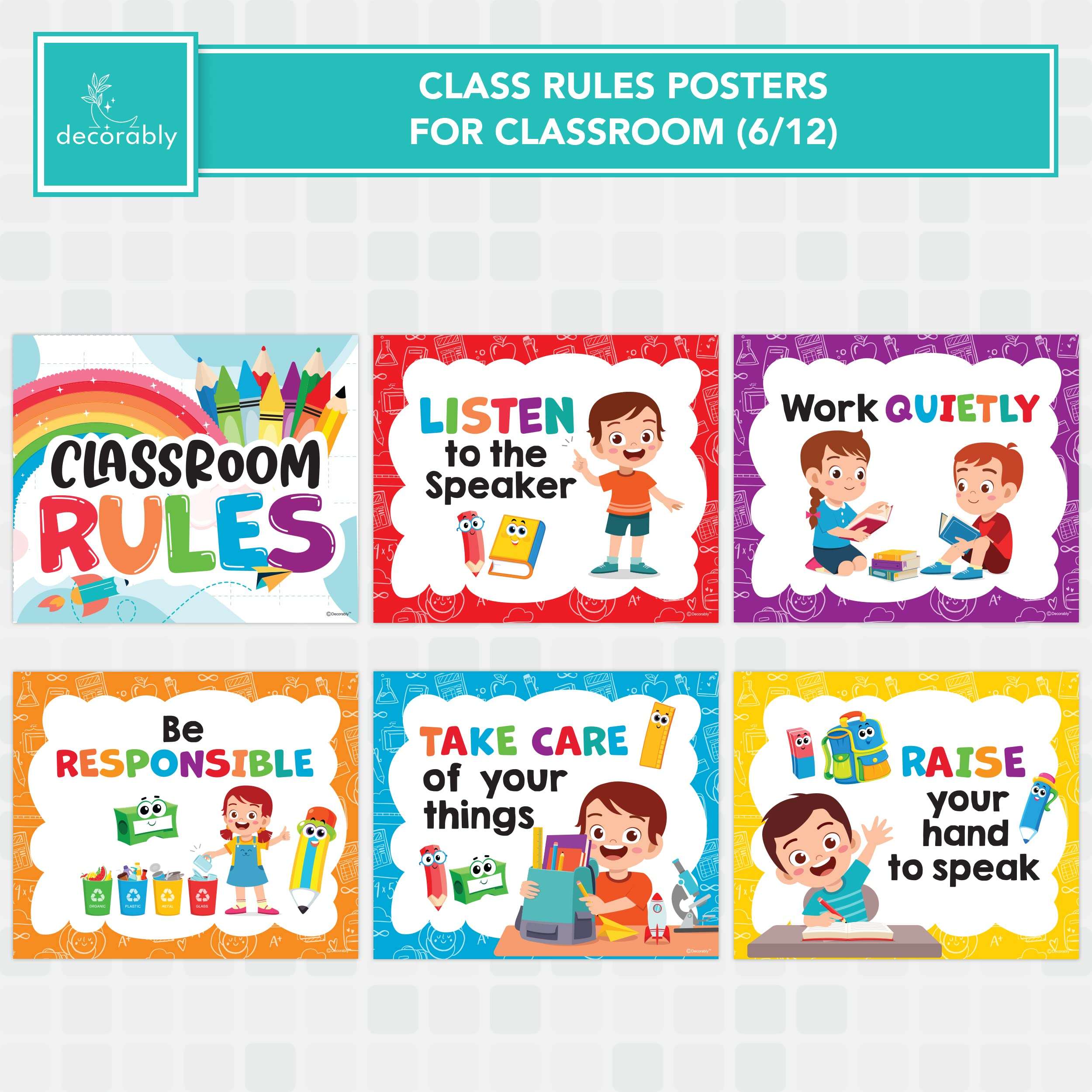 Decorably 12 Hanging Colorful Classroom Rules Poster Set with Accompanying Ribbon, 12x10in Matte-Laminated Inspirational Classroom Rules Elementary Posters 3