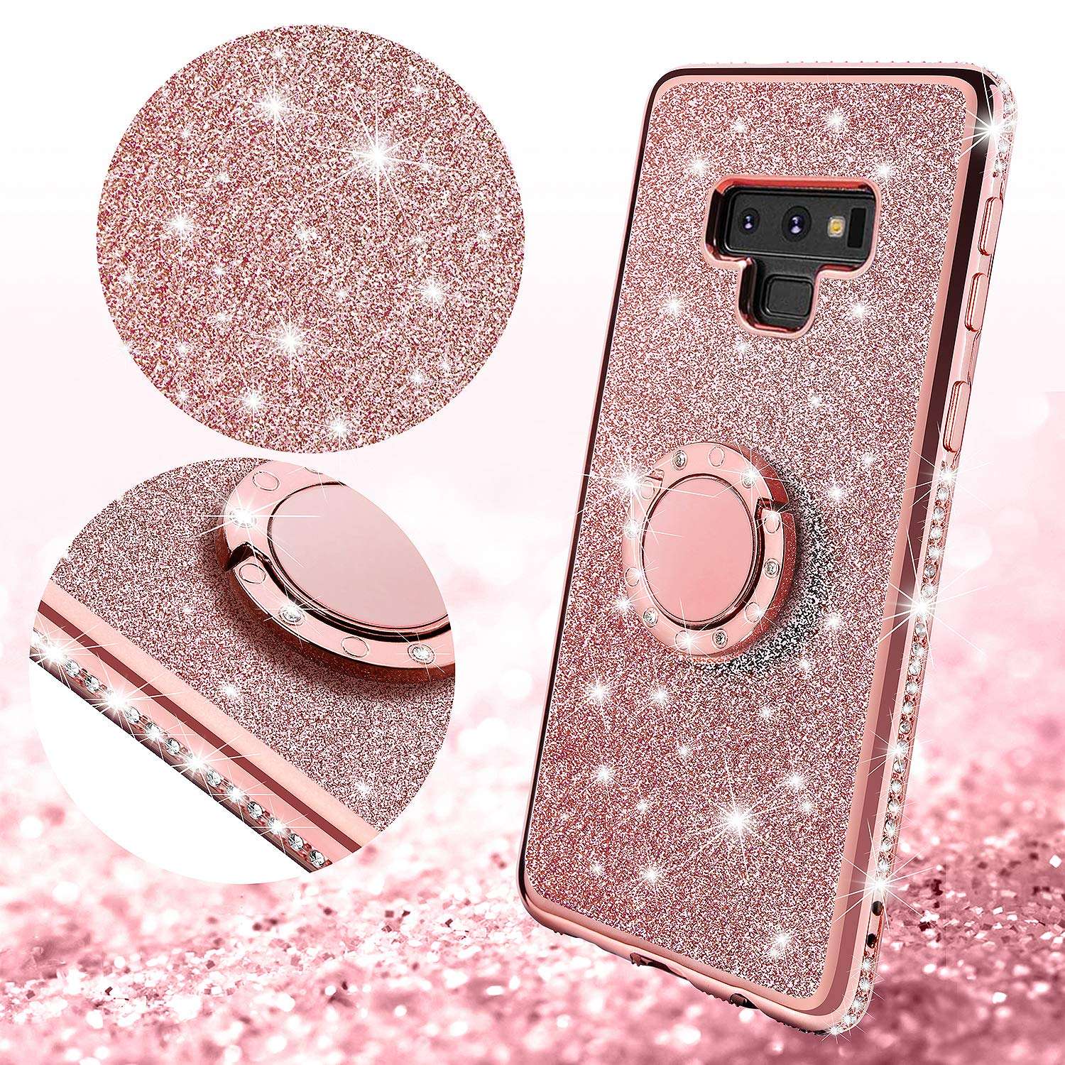 ZUDRITT Samsung Galaxy Note 9 Case, Ultra-Slim Glitter Diamond Bling Shockproof Silicone Soft TPU Cover, with Ring Stand Holder for Samsung Galaxy Note 9 Women Case (Rose Gold) 4