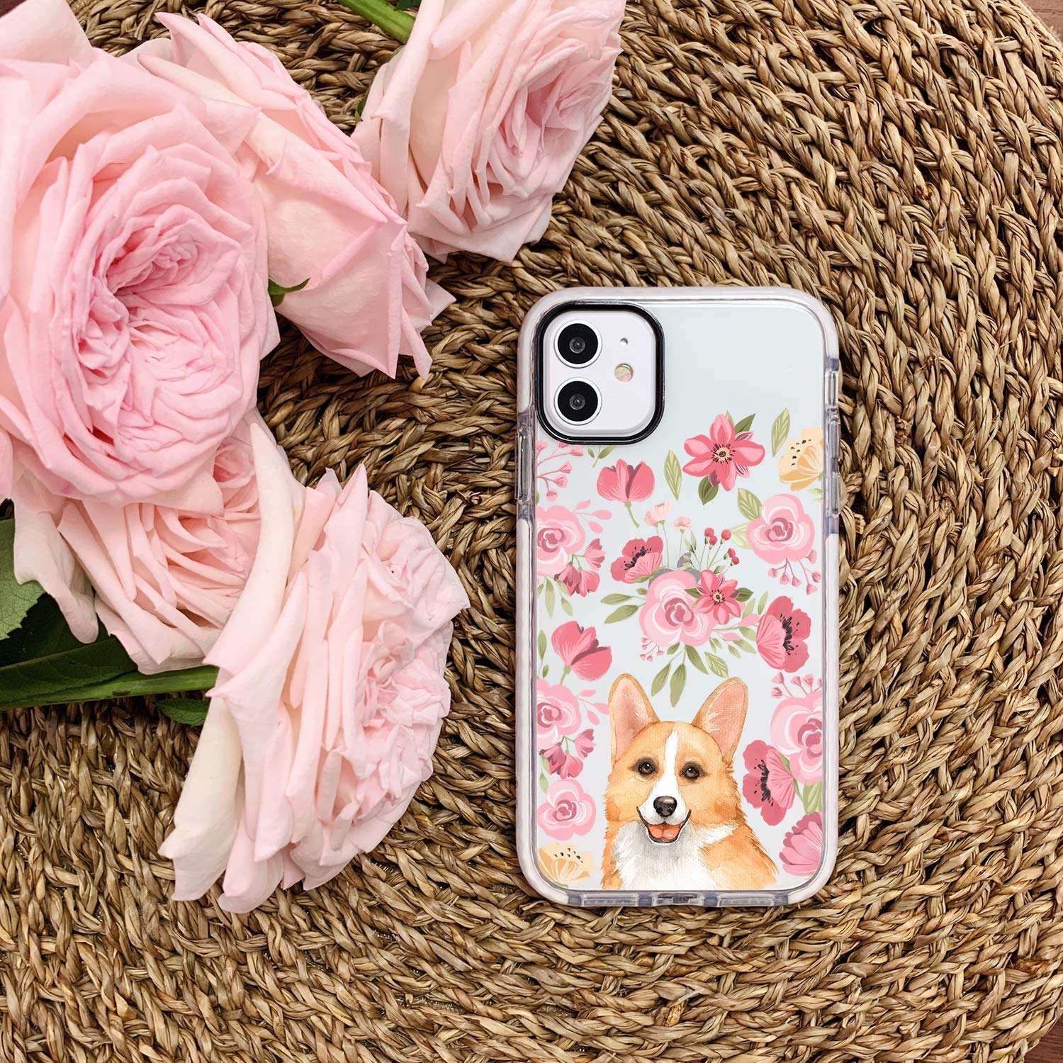 iPhone 11 Clear Case,Cute Corgi With Pink Blooms Flowers Floral Daisy Love Funny Puppy Dog Trendy Hipster Adorable Case for Girls Women Soft Protective Clear Case With Design Compatible for iPhone 11 6
