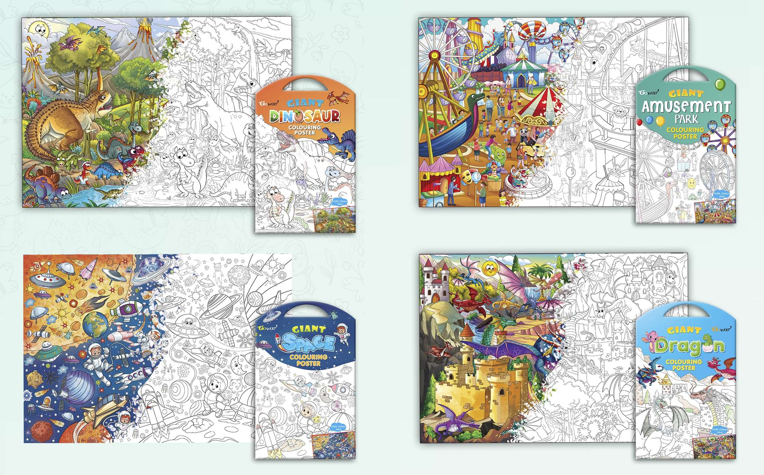 GIANT DINOSAUR COLOURING POSTER, GIANT AMUSEMENT PARK COLOURING POSTER, GIANT SPACE COLOURING POSTER and GIANT DRAGON COLOURING POSTER | Pack of 4 Posters I Large coloring posters for kids
