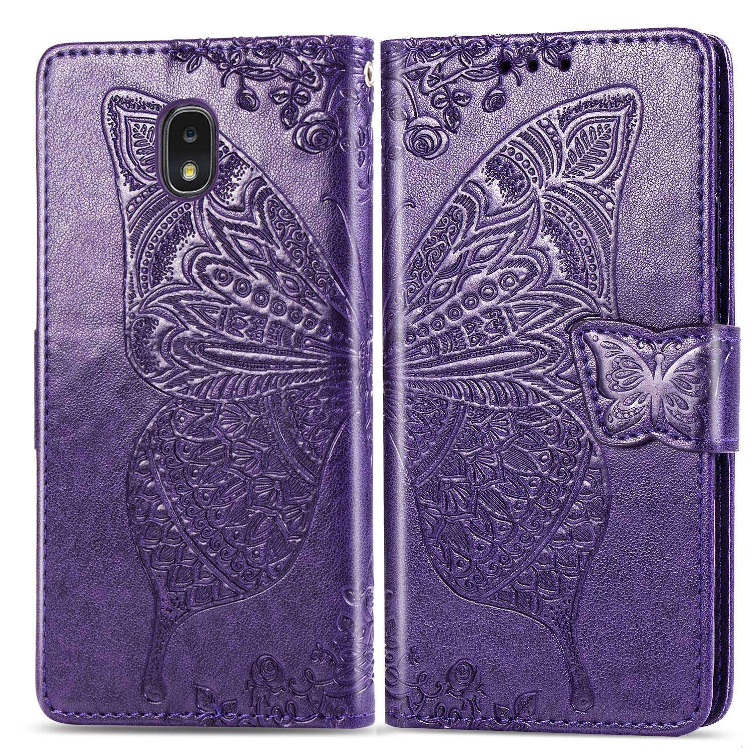 Cmeka 3D Butterfly Flower Wallet Case for Samsung Galaxy J7 2018/J7 Aero/J7 Star/J7 Top/J7 Crown/J7 Aura/J7 Refine/J7 Eon with Credit Card Slots Holder Slim Flip Leather Protective Case Purple 1