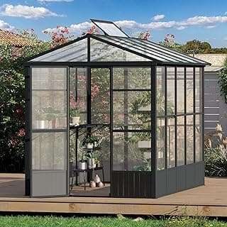 SHPAI 6.5X8 FT Greenhouses for Outdoors,Polycarbonate Green House for Outside, Automatic On/Off Vent System, Walk in Greenhouses Built-in Shelf & 5 Moveable Hooks, Green Houses for Potting, Flower