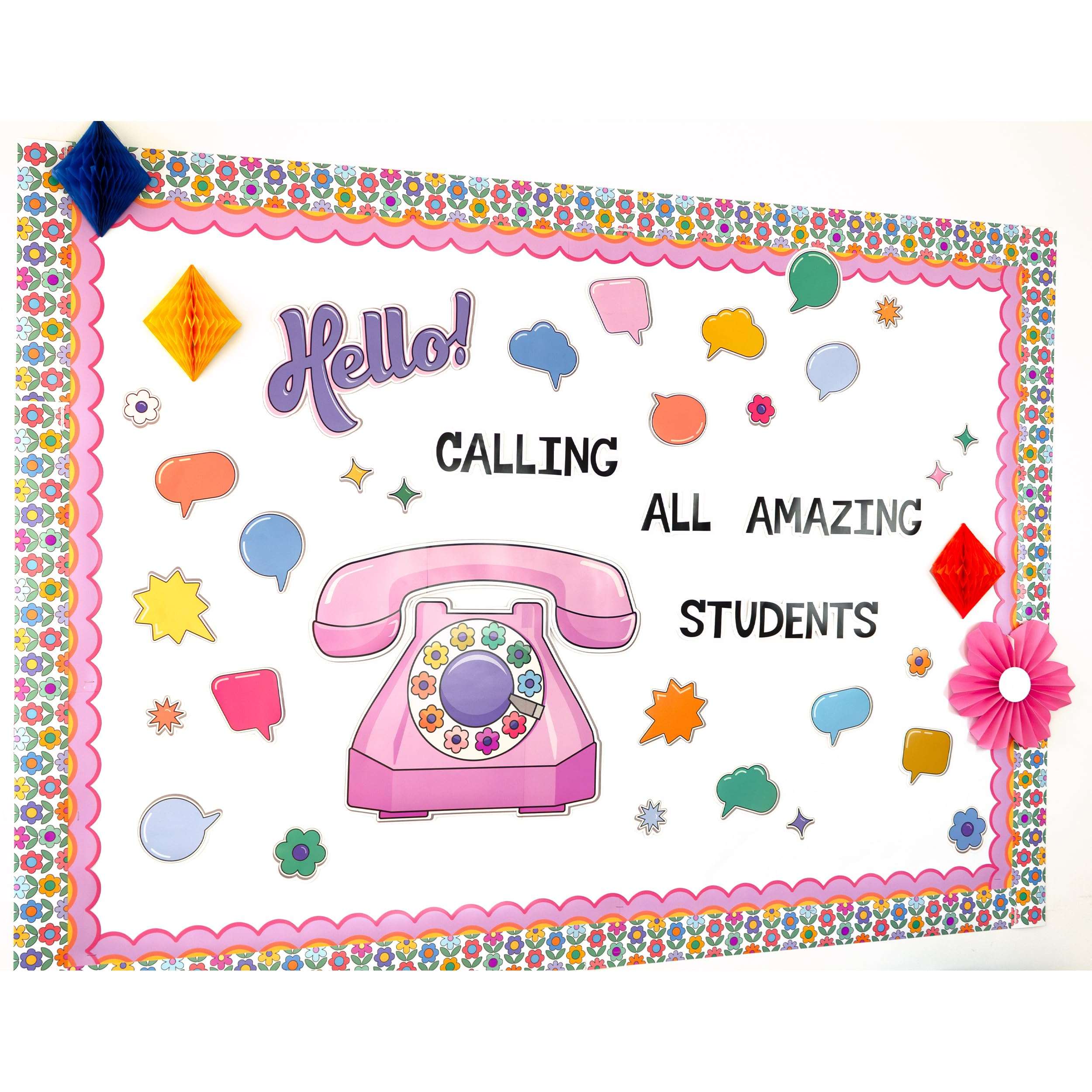 Happily Ever Elementary Retro Remix 71-Piece Motivational Bulletin Board Set, Banner, Telephone, Flowers, Speech Bubbles, and More Bulletin Board Decorations, Groovy Classroom Decor 6