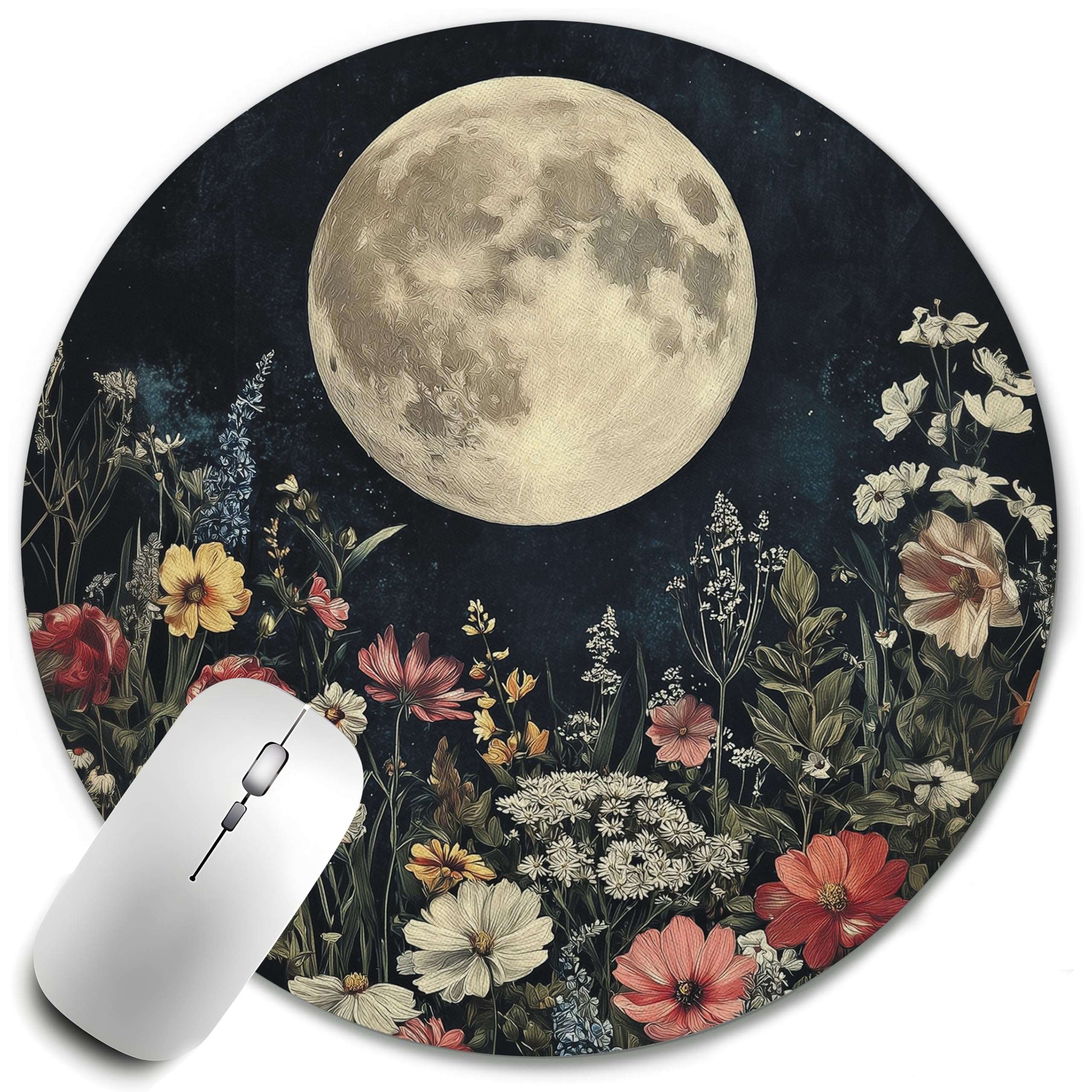 WOOGCHEIR Vintage William Morris Moon Floral Round Mousepad,Aesthetic Mouse Pad, Boho Floral Office Decor for Women Desk Accessories Retro Flowers Mousepad,Aesthetic Office Supplies,7.9x7.9 Inch 1