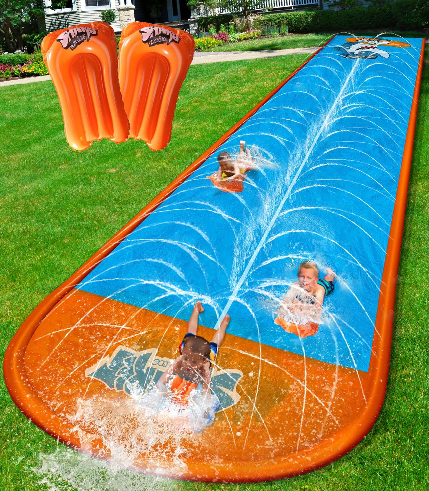 Slip Water Slide, 22ftx5ft Slip Water Slide for Kids Backyard Lawn,Summer Water Toys Outdoor Sprinkler with 2 Sliding Racing Lanes and 2 Inflatable Bodyboards 1