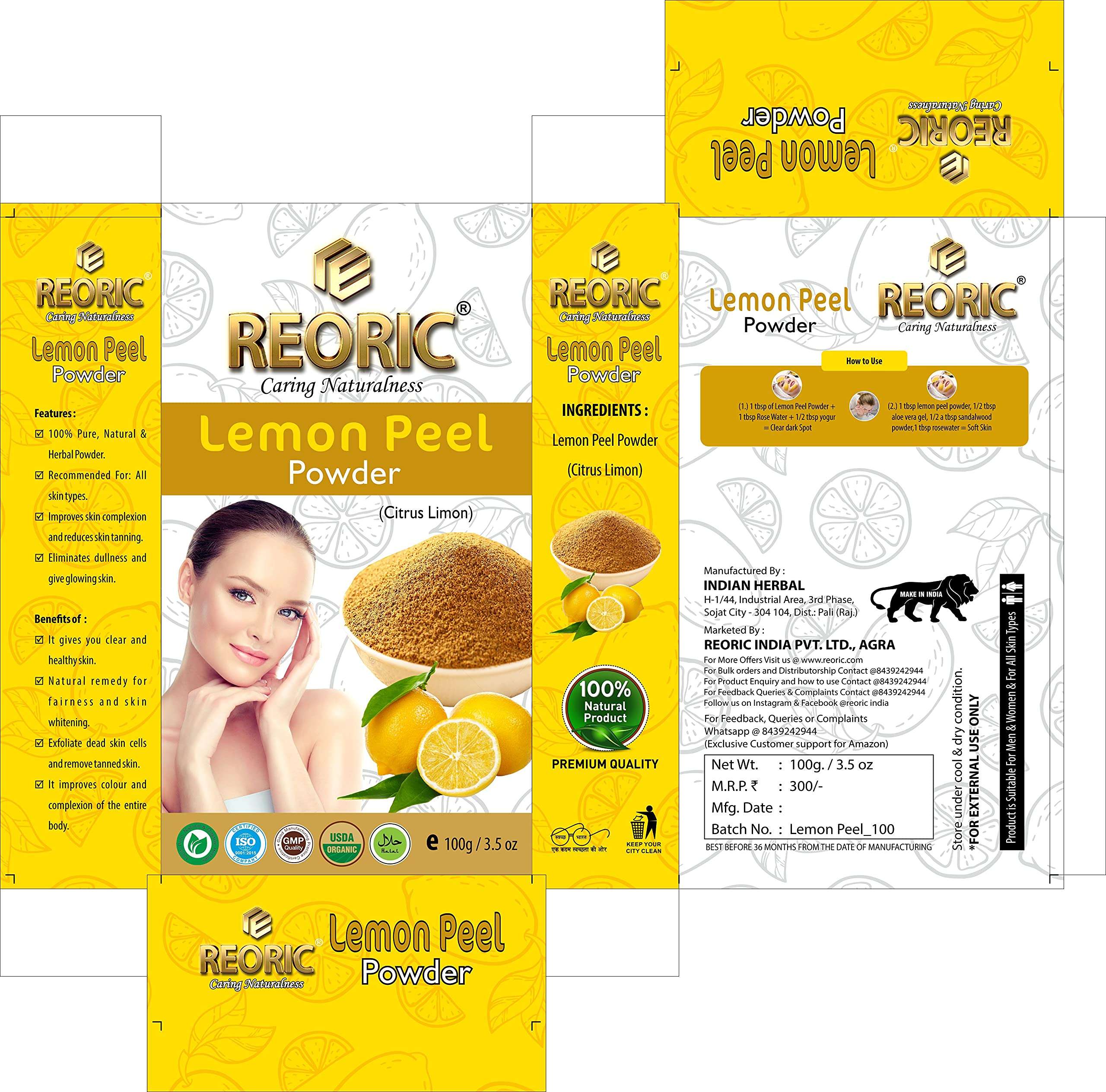 Reoric lemon peel powder |lemon powder for face |lemon powder for face pack |citrus lemon powder |face pack for glowing skin|vitamin c powder for face(100g, Pack of 1) 4