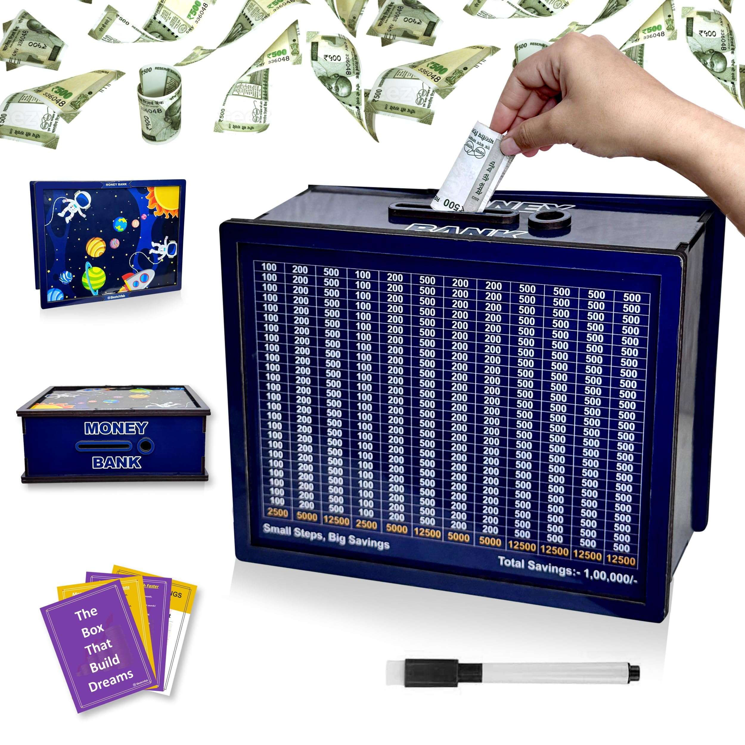 Sketchfab Money Saving Box for Adult 100000, Wooden with Savings Tracker Bank Kids, Smart Piggy Bank, Box, Coin Box,Gullak Saver,Piggy Rs100000 Home Deal Gift Man, Women (Space) 1