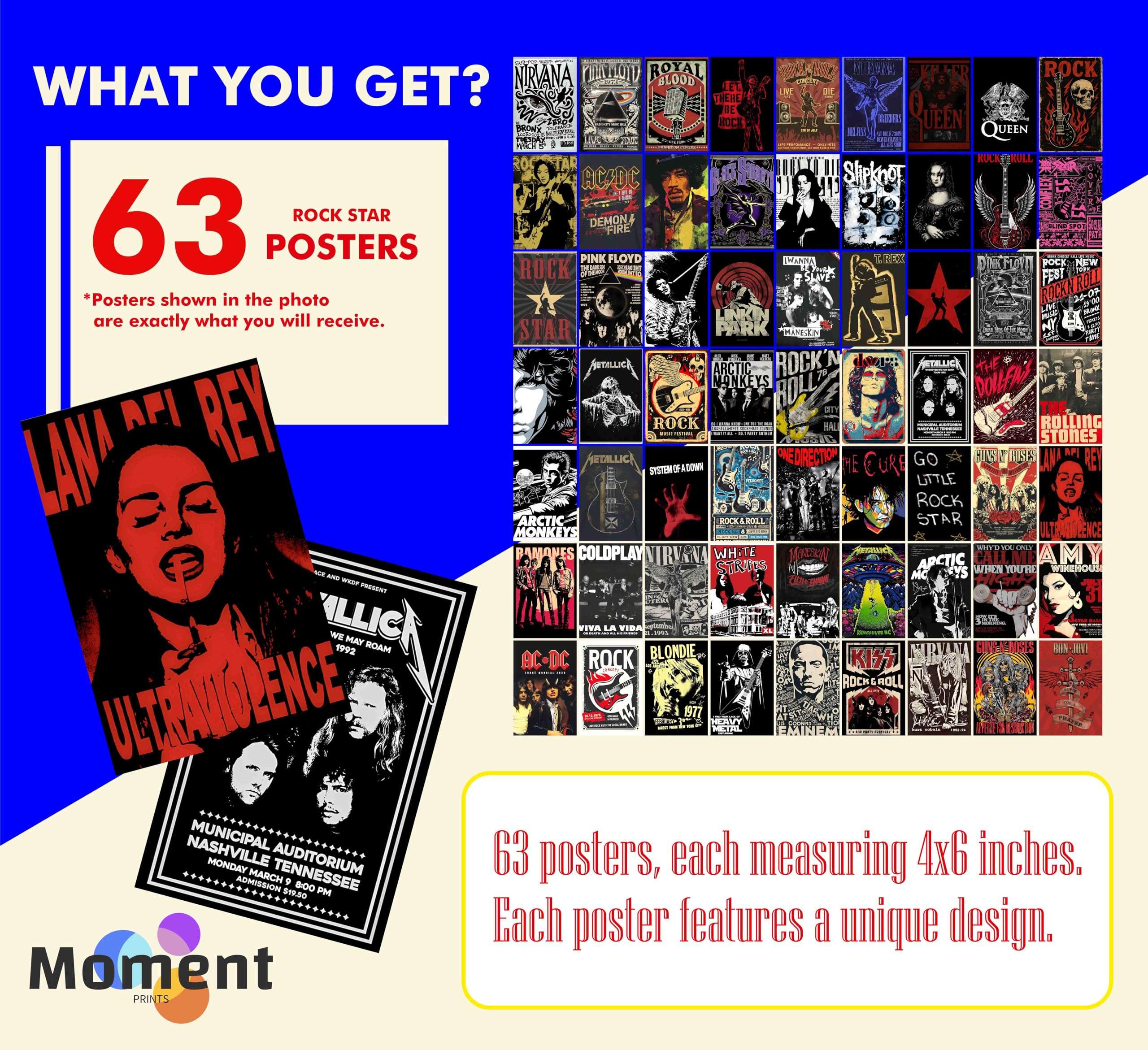 Moment Prints Rock Band Wall Decor Kit – Set of 63 Music Posters | 4x6 inch | 300 GSM Thick Cardstock & Double-Side Tape Included – Music Posters for Wall, Home Decor for Living Room & Bedroom 5