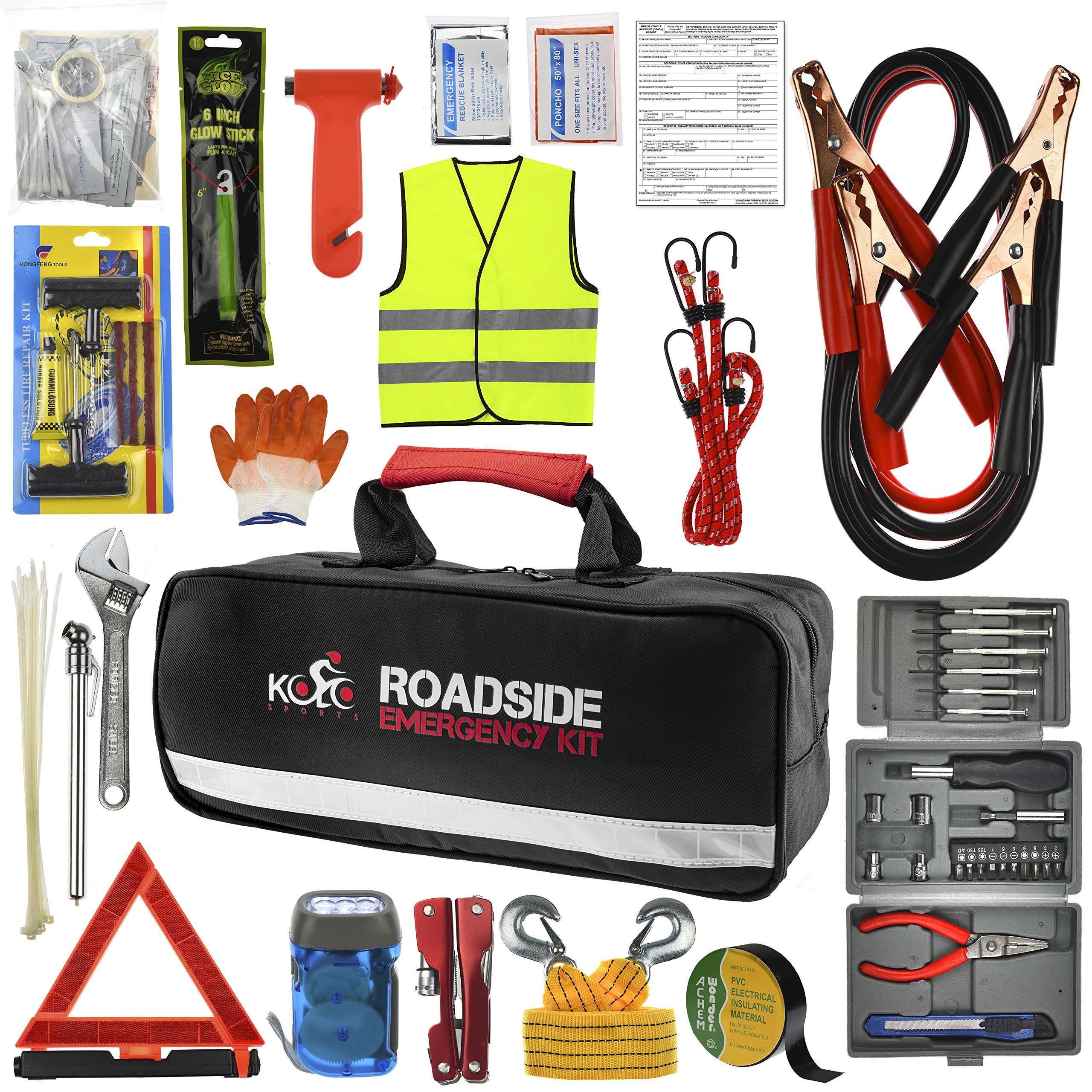 Kolo Sports Roadside Emergency Car Kit - 156-Piece Multipurpose Emergency Pack with Automotive Tools and First Aid Kit - Car Tool Kit Includes Heavy-Duty Jumper Cables and Tire Pressure Gauge 1