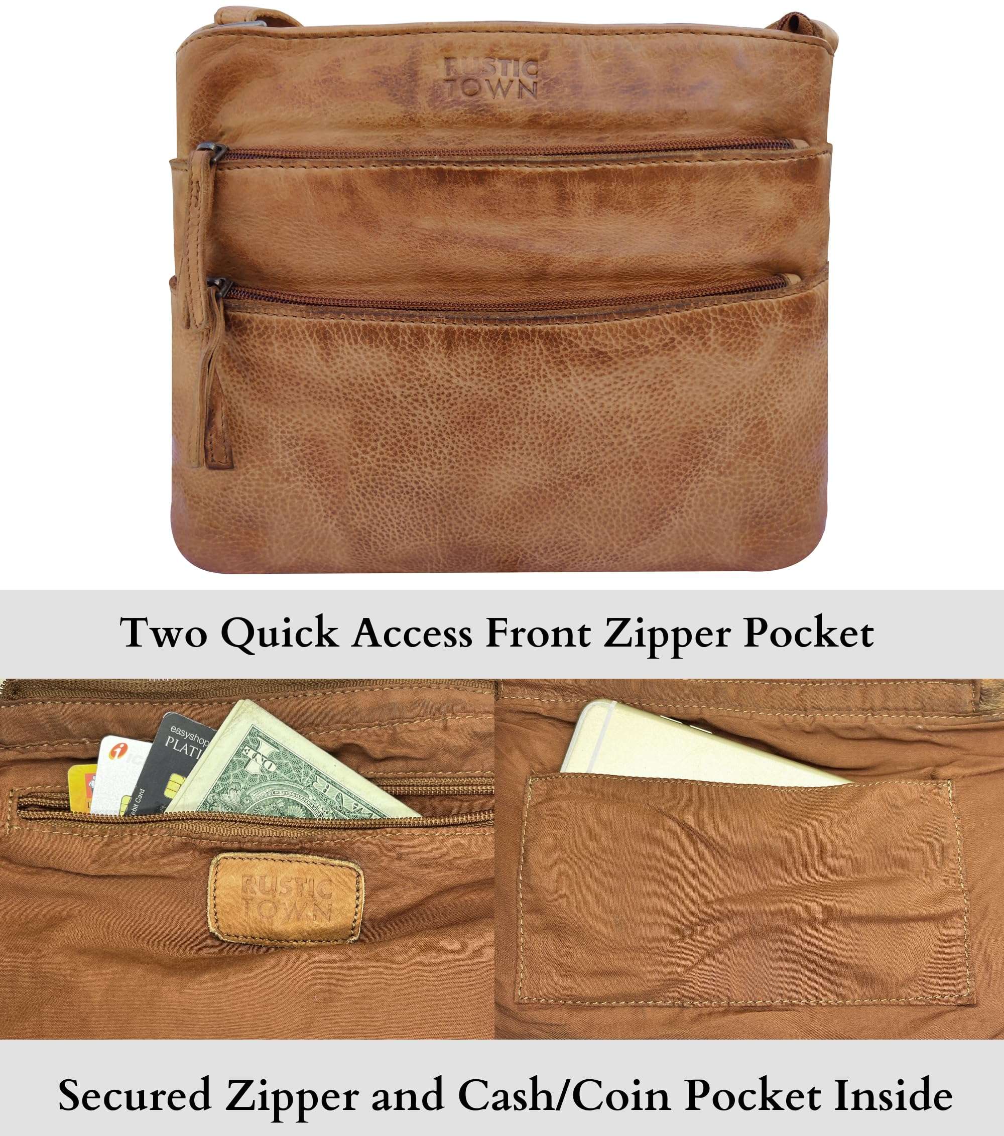 RUSTIC TOWN Leather Crossbody Bag for Women - Washed Leather Travel Sling Purse Hobo Handbags for Girls, Cognac 5