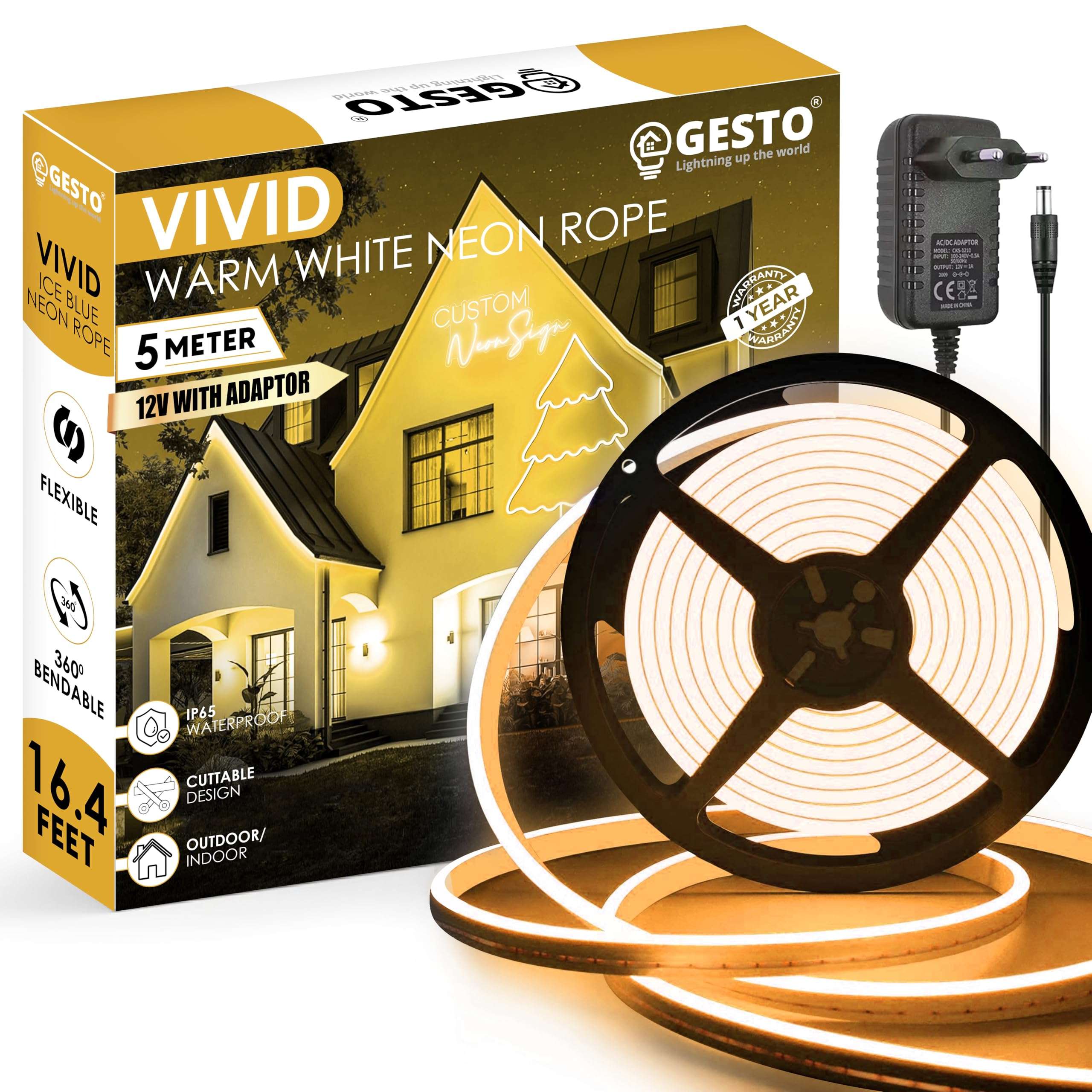 Gesto 16.4 Ft Neon LED Strip Light with 12V Adapter | Waterproof,Flexible & Cuttable Rope Light for Diwali Decor,Wall Decor,Indoor Outdoor Lighting,Neon Sign Board & Custom Name Design – Warm White 1