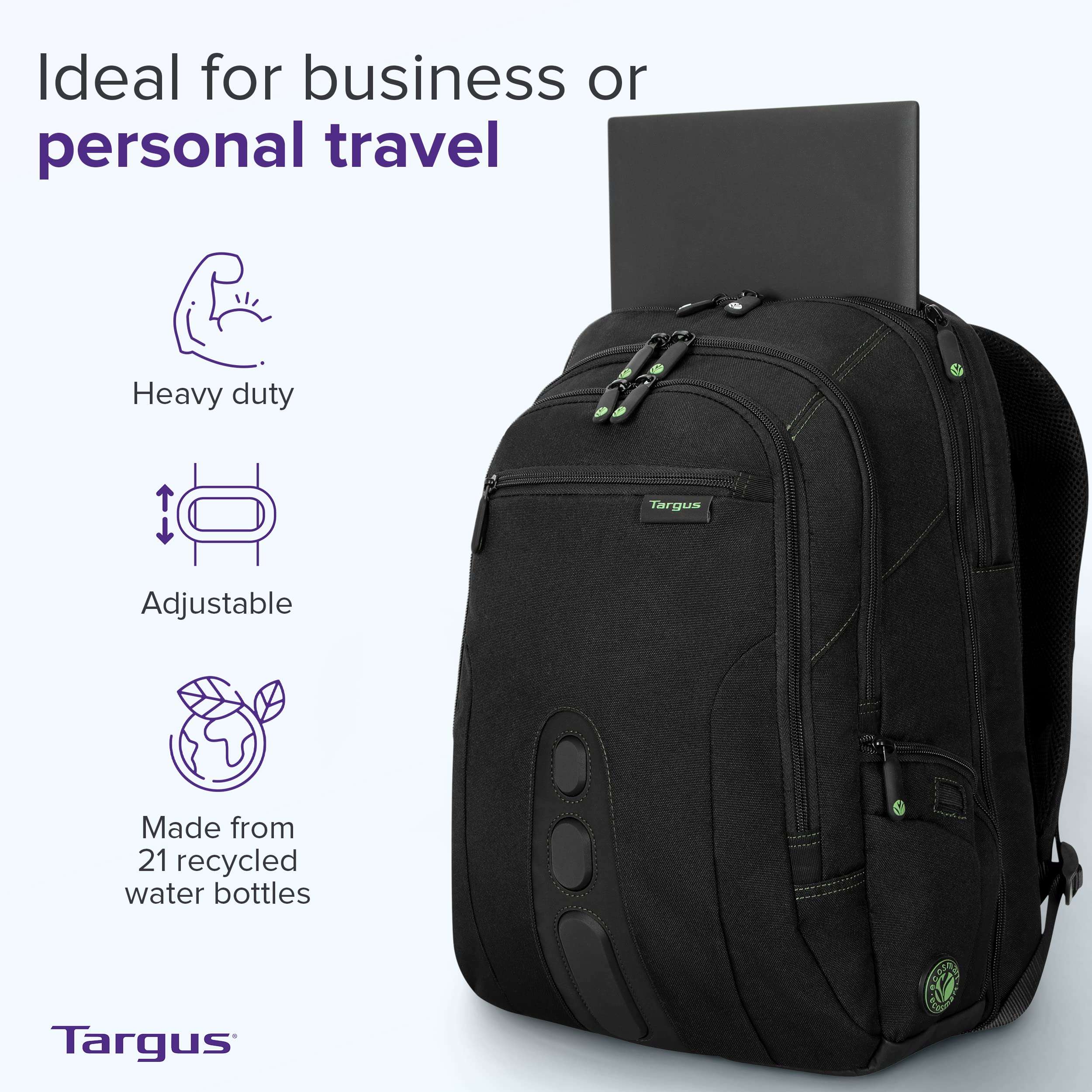 Targus Spruce EcoSmart Travel Laptop Backpack for 17 inch Laptops, TSA-Friendly Carry On Backpack Laptop Bag for Work and Travel, Black (TBB019US) 3