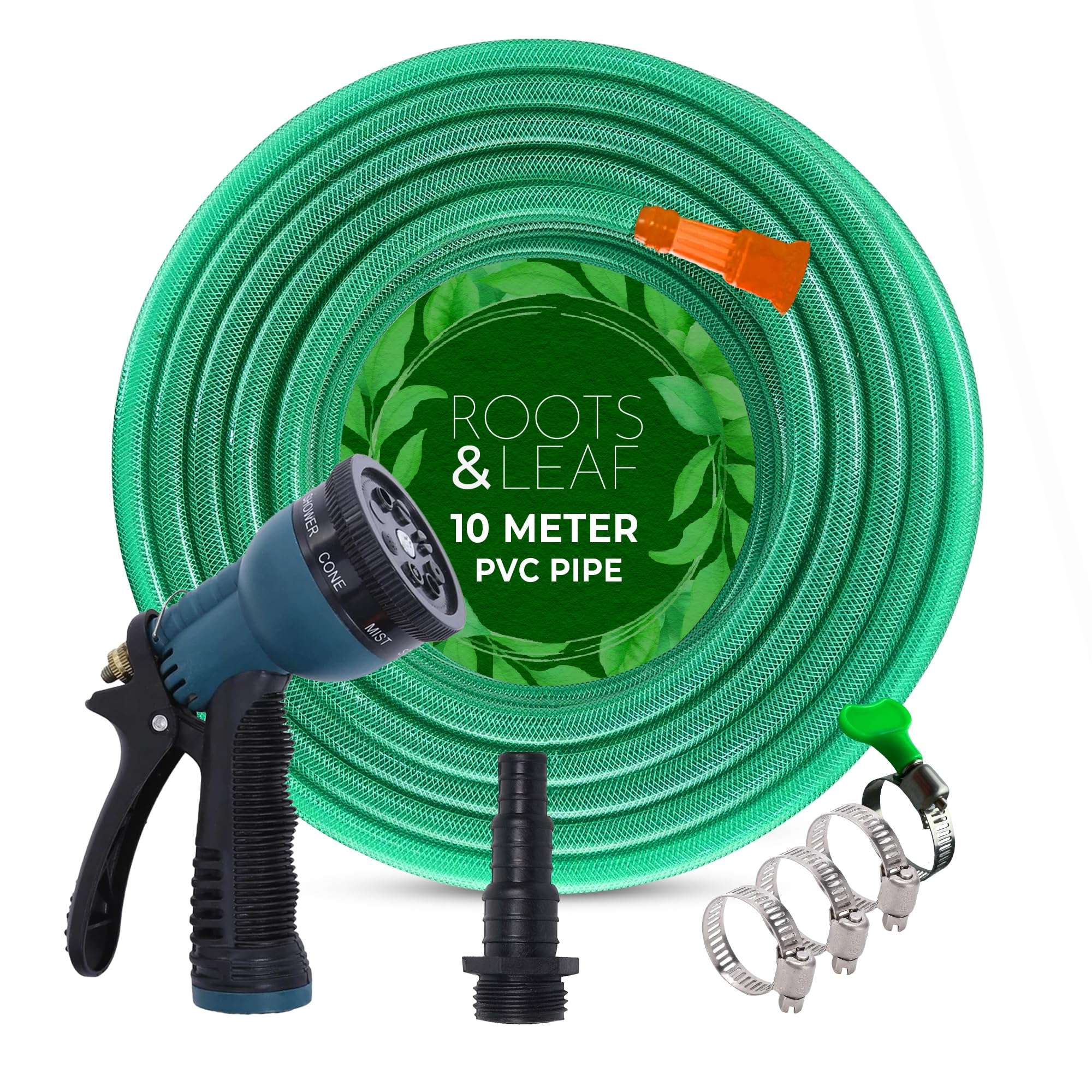 Roots and Leaf 10M 0.5 Inch Braided PVC Garden Hose Pipe with 8 Pattern Spray Gun with 4 Clamps and tap Adaptor - Green | Heavy Duty Water Pipe for Garden, Car Washing, Garden Pipe for Home