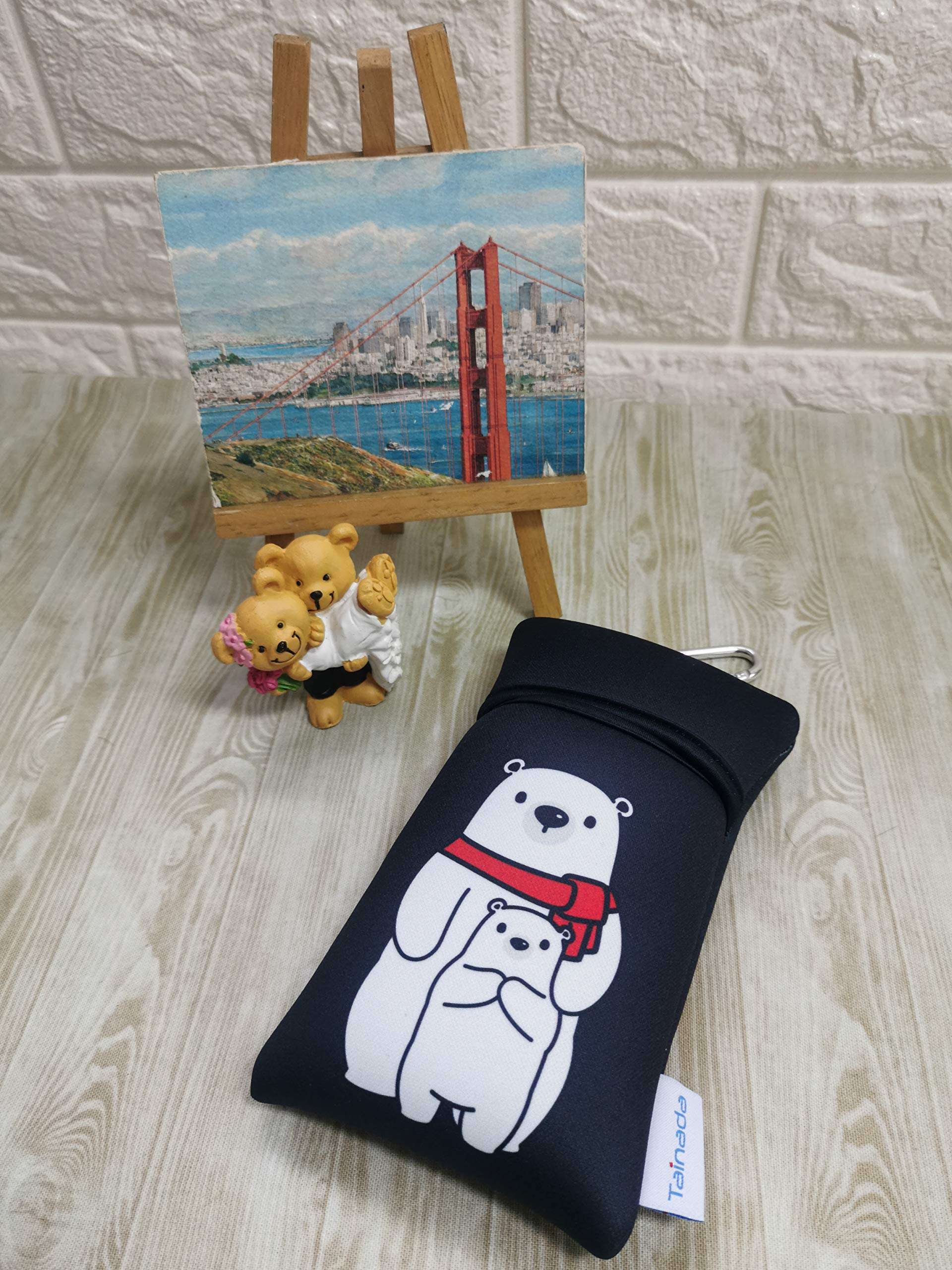 Tainada Men Women Neoprene Carry Bag Phone Sleeve Pouch with Carabiner & Neck Lanyard for iPhone 15/14 / 13, 15/14 Pro, Samsung S24+, S24, S23+, S23, A54, Z Fold5 (Bear Family Black, Large) 5