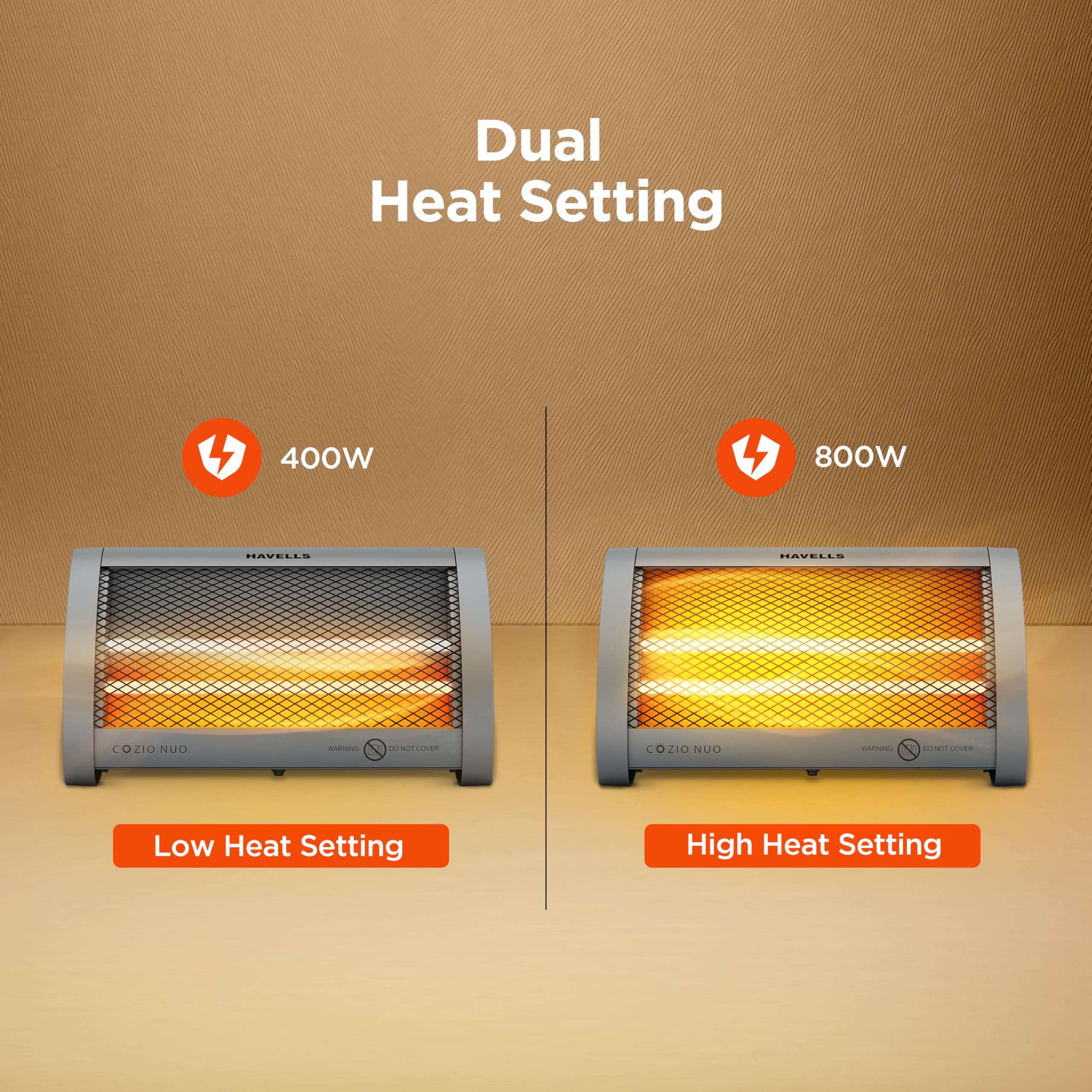 Havells Cozio Nuo Room Heater| Dual Heat Setting 400/800 Watt| Dual Quartz Heating Rods| Silent Operation| Tip Over Protection| Fire Retardant Material| Anti Rust Reflector| 2 Year Warranty(Grey) 3