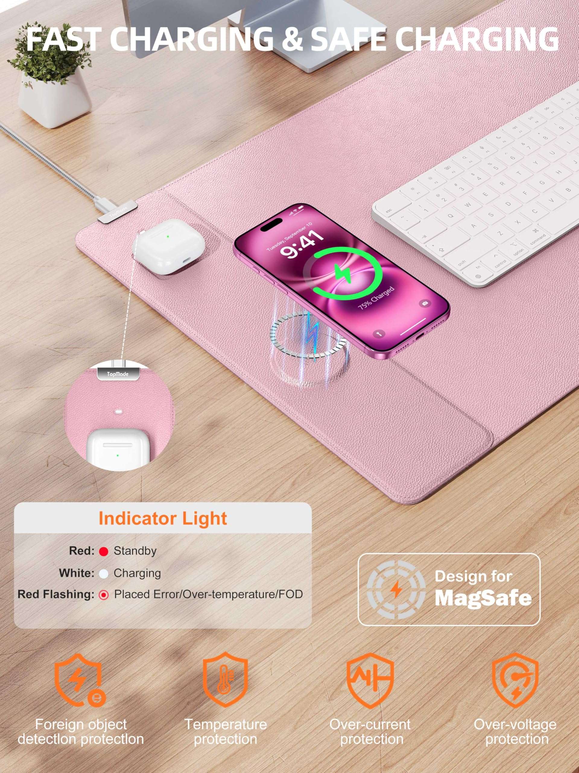TopMade Mouse Pad with 15W Wireless Charging, XXL Large Leather Desk Mat, Waterproof Gaming Mousepad Home Office Desk Pad Protector, Pink (Includes 20W PD Power Adapter & 6.56ft Woven Cable) 3