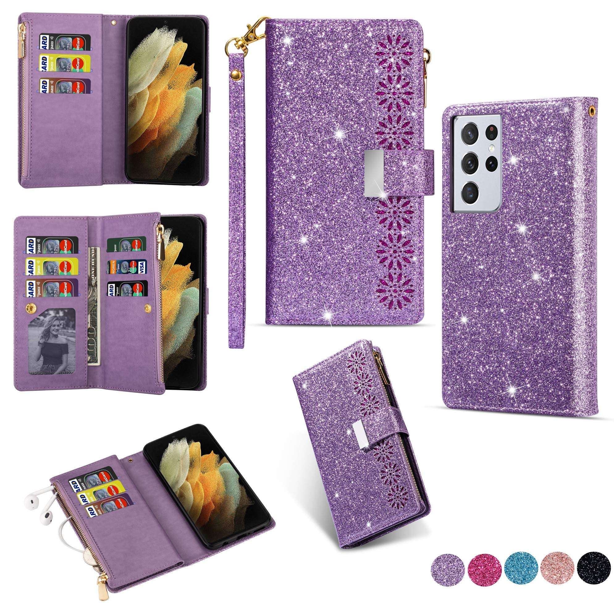 Galaxy S21 Ultra Case, Zipper Flip Case for Samsung Galaxy S21 Ultra 6.8 inch 5G Bumper Cover, Anti Resistant Wrist Strap TPU Wallet, Shockproof Galaxy Bling Phone Case for Women Girls (Purple) 2