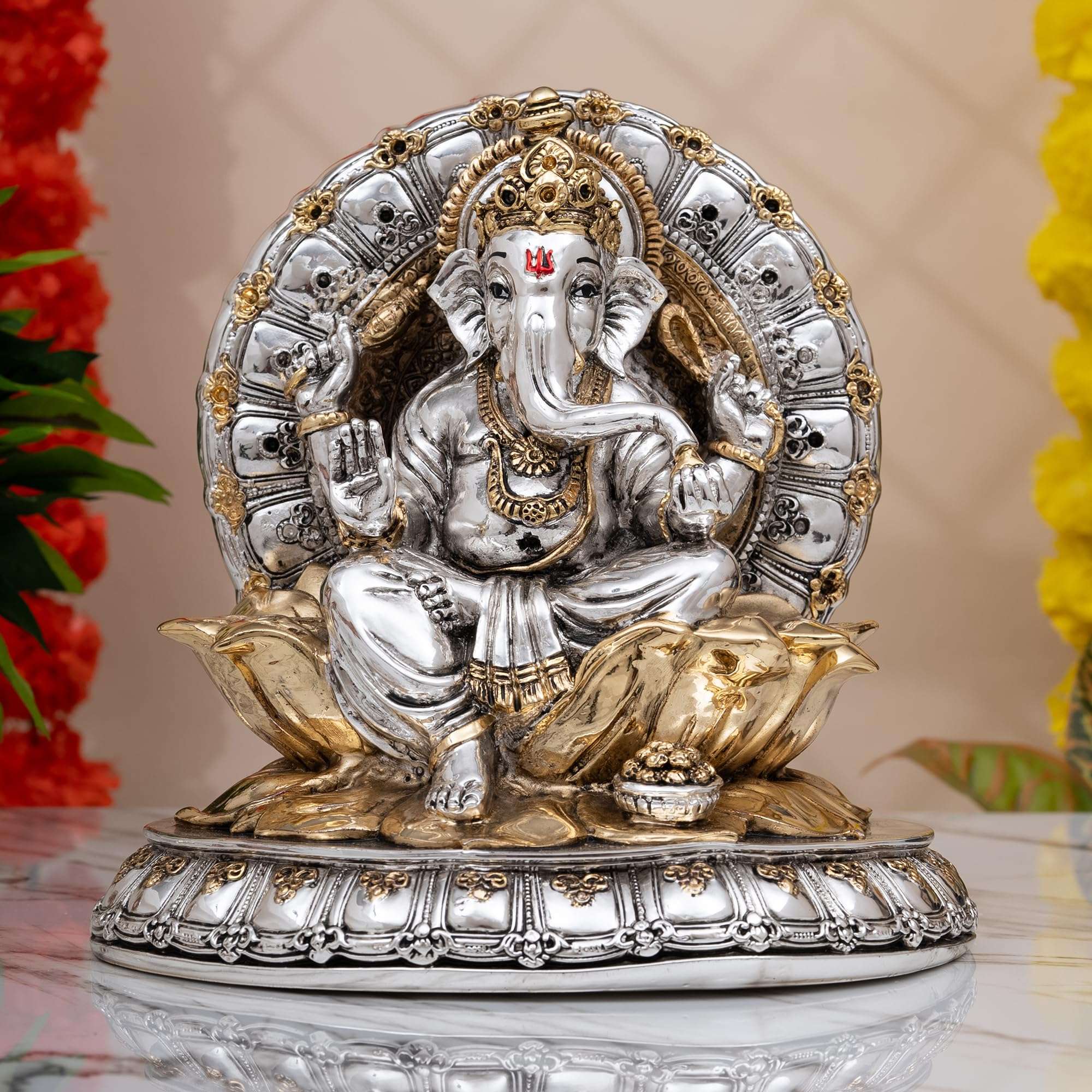 Idolkart 24K Pure Gold & 999 Pure Silver Coated Antique Lord Ganesha Idol (22 x 17 x 21.5 cms | Height: 8") Gold & Silver (Standard) 1