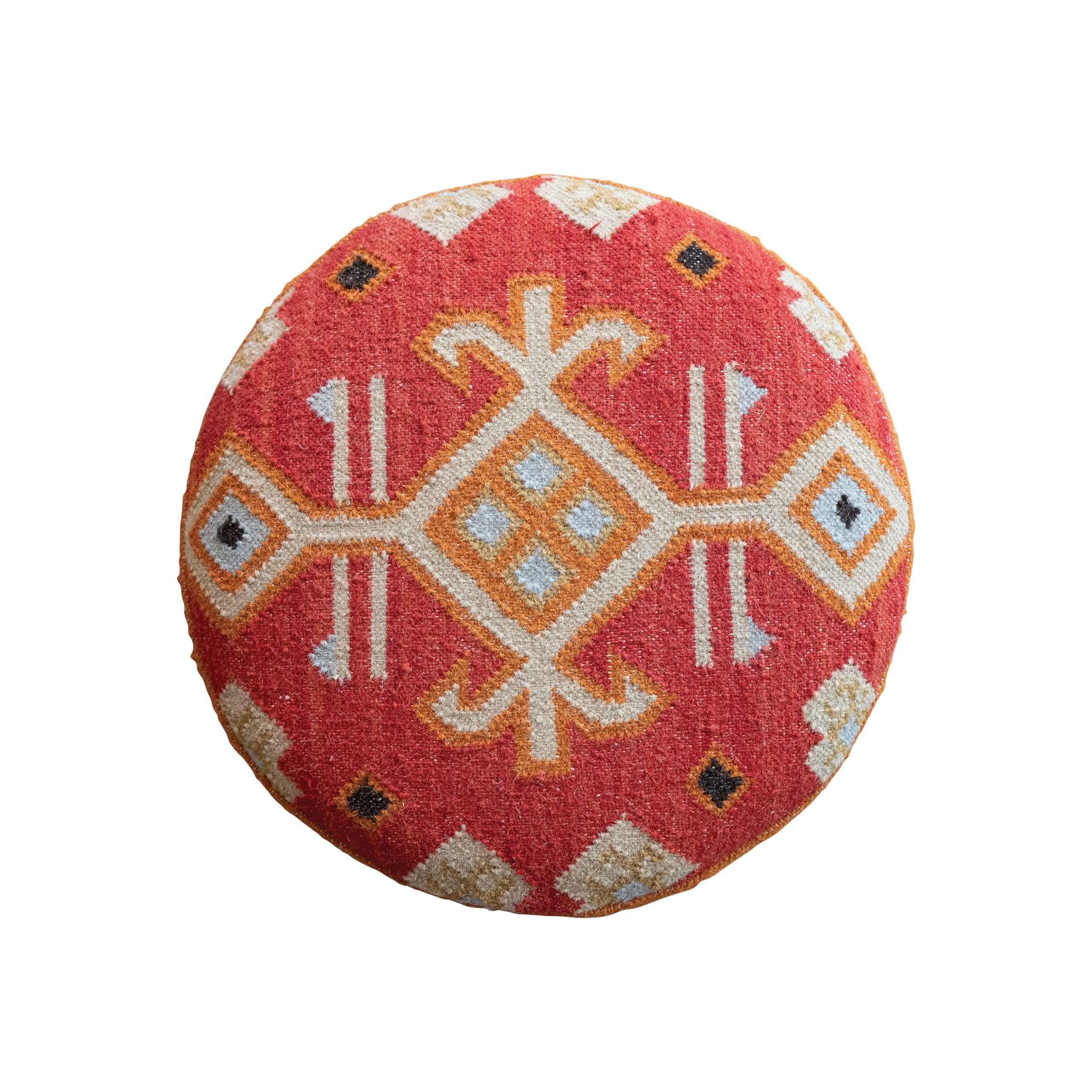 Creative Co-Op Round Cotton and Wool Kilim Stool with Wood Legs, Natural and Orange 4