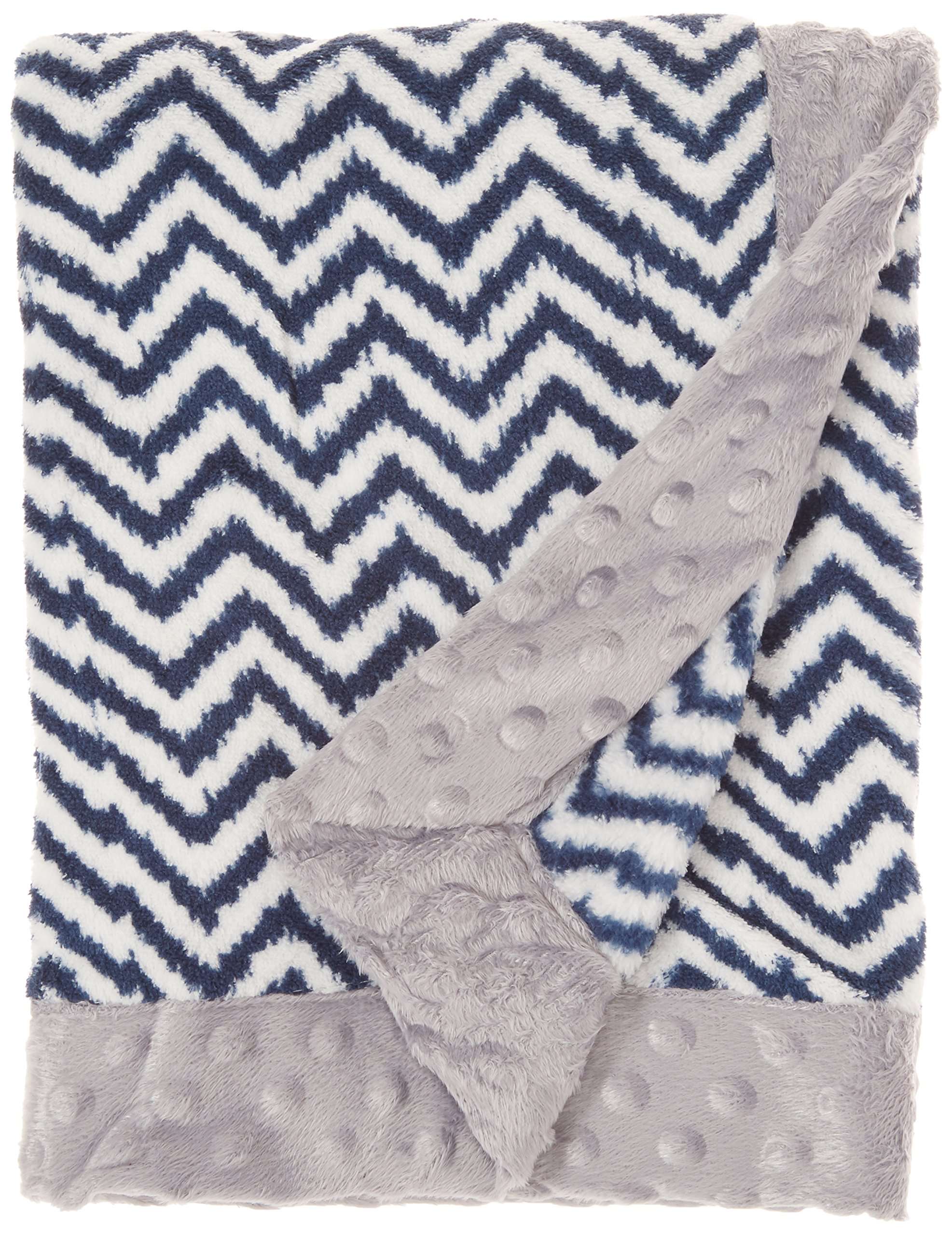 Bacati Navy Ikat Zigzag Chevron with Border Plush Blanket, Navy/Grey, 30" x 40"